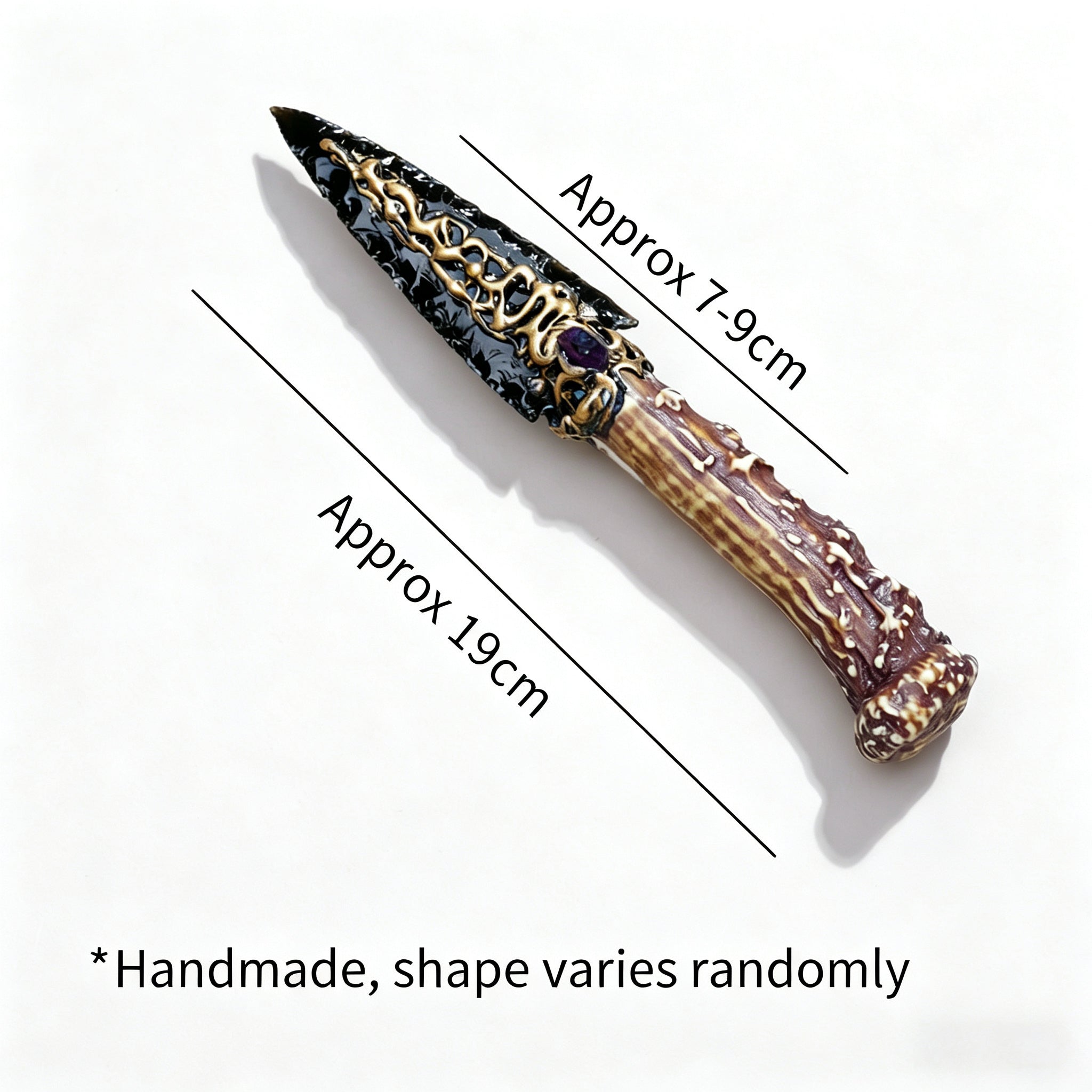 RYS Natural Obsidian Crystal Dagger, Hand Carved Stone Blade with Wooden Handle, Spiritual Ritual & Altar Decor