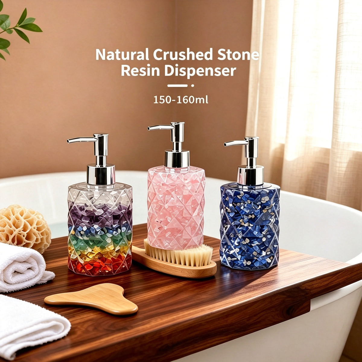 RYS Natural Crystal Chips Resin Soap Dispenser, Press‑Type Refillable Lotion Bottle for Bathroom Vanity Decor