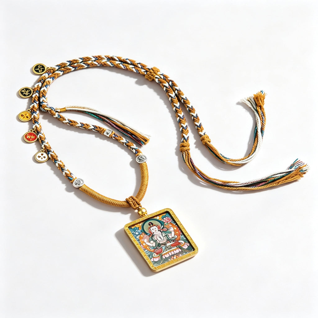 RYS Hand-Painted Thangka Buddha Pendant Necklace | 18K Gold Plated Alloy | Tibetan Patron Saint Amulet for Zodiac Signs | Spiritual Protection Jewelry