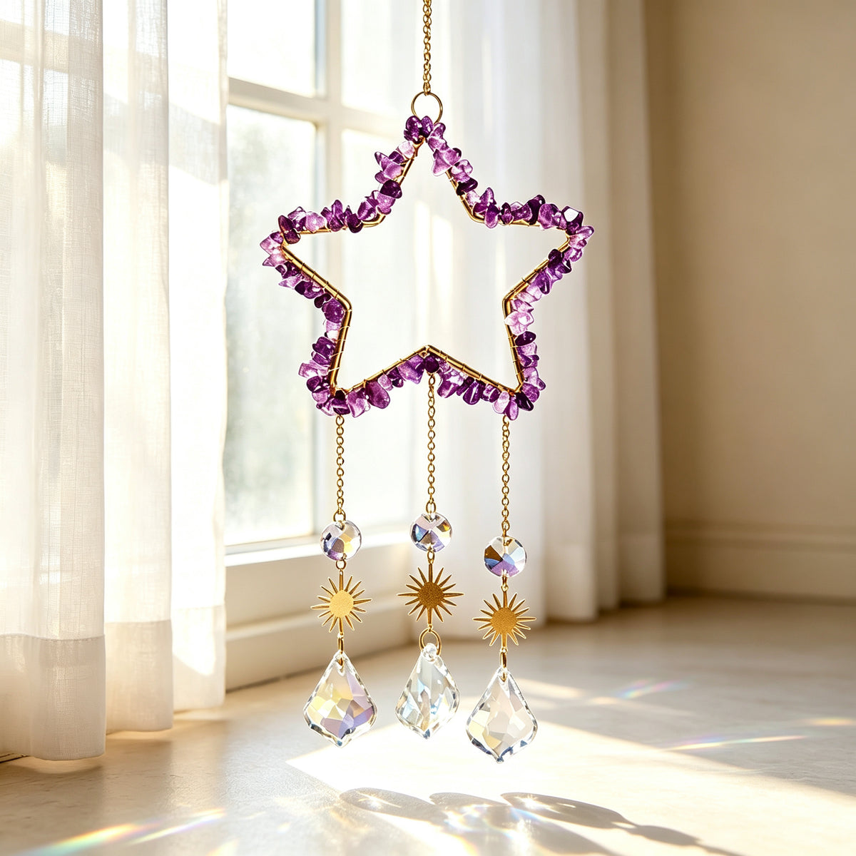 RYS Natural Crystal Chips Star Sun Catcher Hanging Ornament