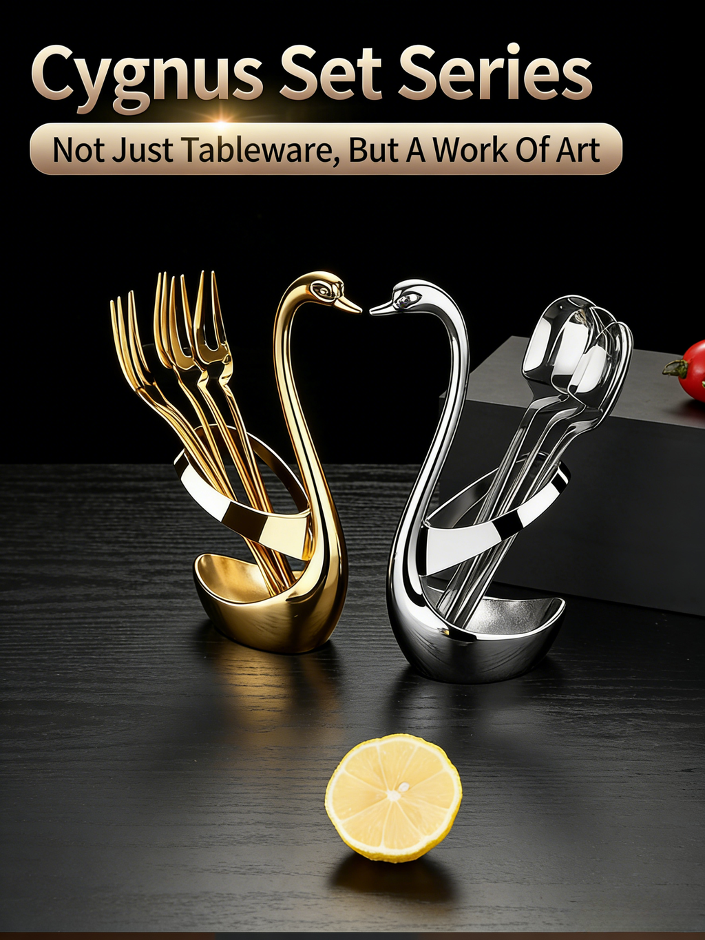 HGD 304 Stainless Steel Fruit Spoon & Fork Set | Swan Base Holder | Modern Minimalist Tableware Kit