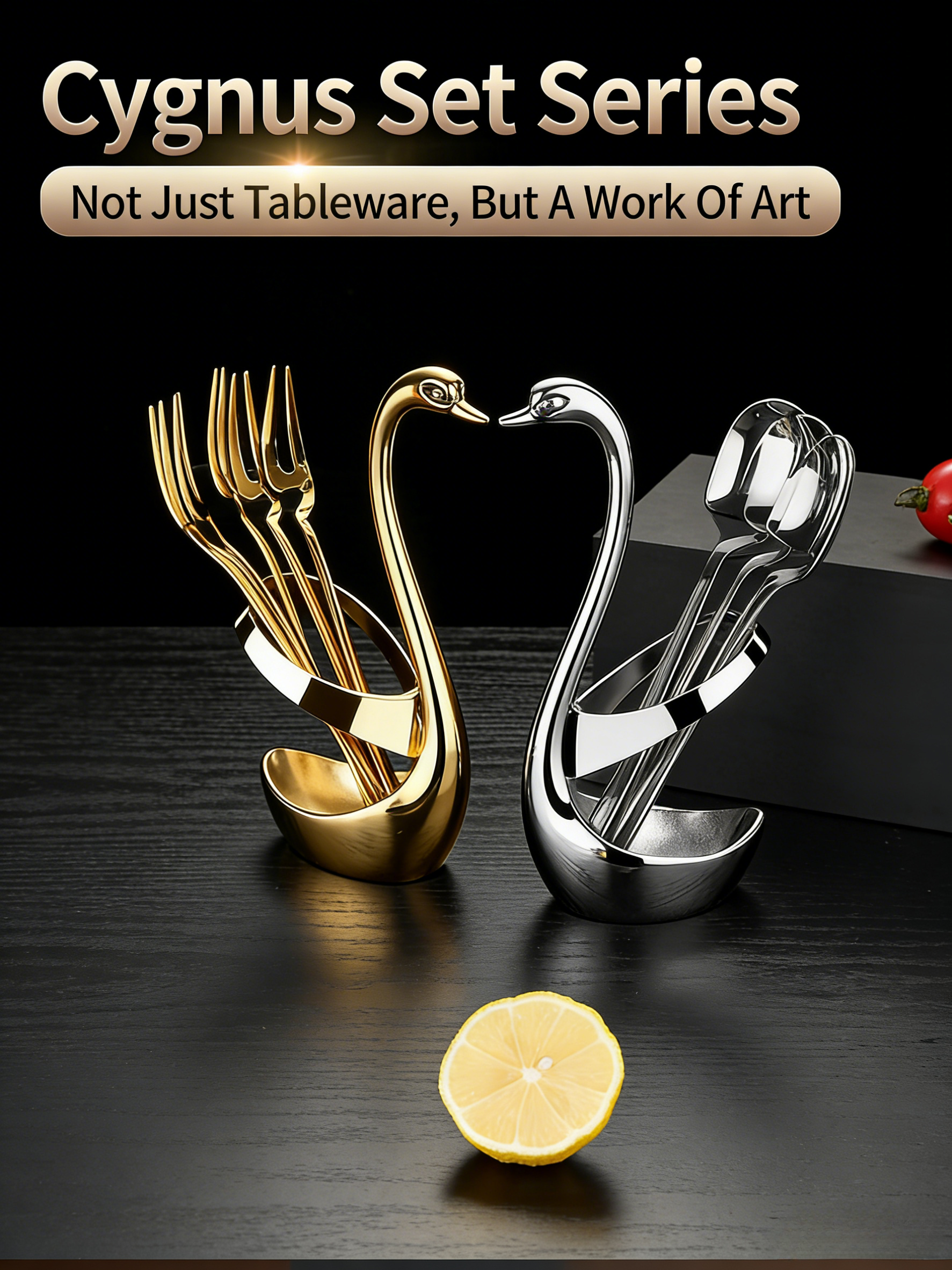HGD 304 Stainless Steel Fruit Spoon & Fork Set | Swan Base Holder | Modern Minimalist Tableware Kit