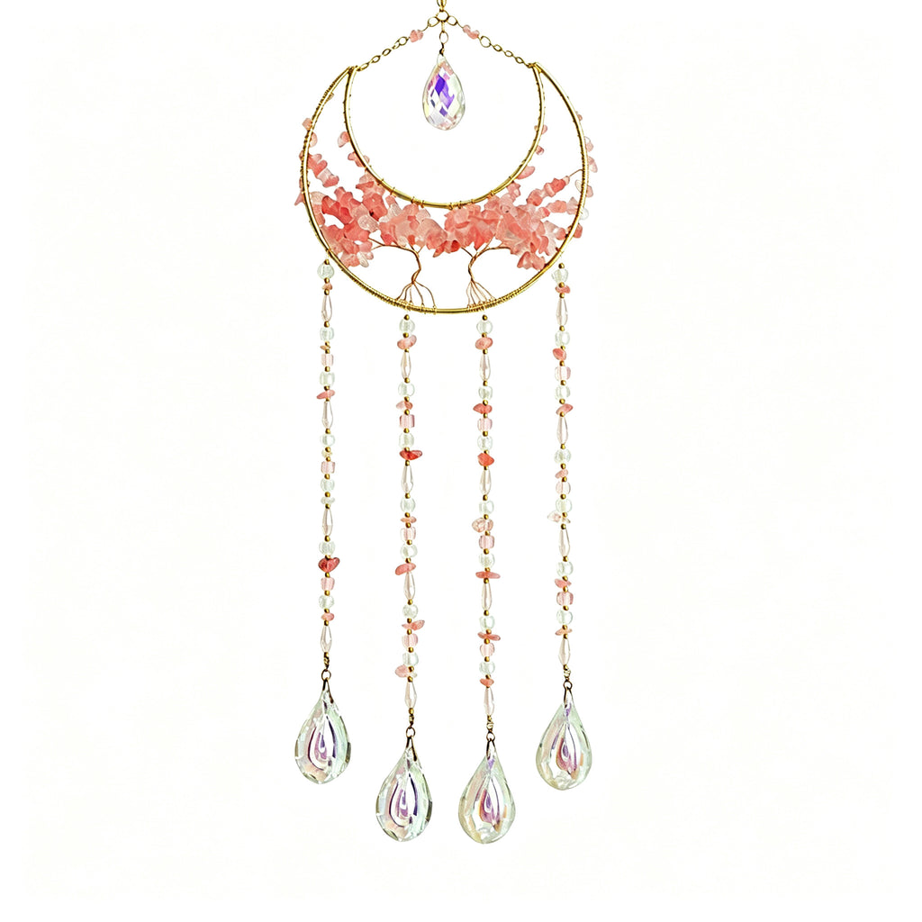 MGY Moon Tree of Life Suncatcher Wind Chime, Pink Natural Crystal Stone Wall Hanging Ornament for Home Bedroom Decor