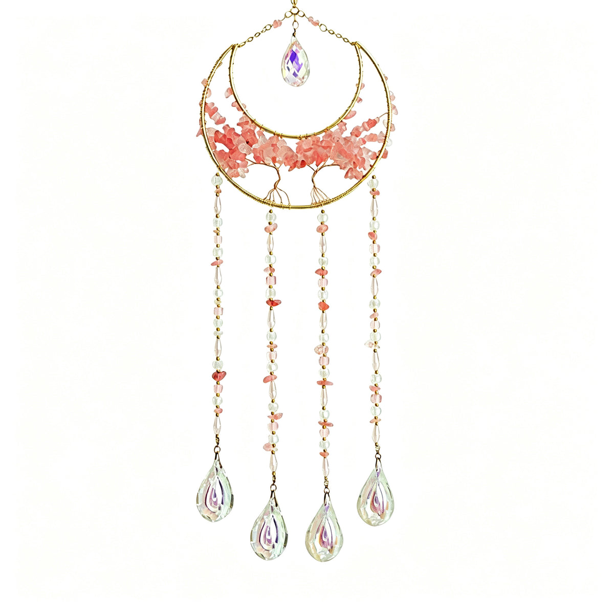 MGY Moon Tree of Life Suncatcher Wind Chime, Pink Natural Crystal Stone Wall Hanging Ornament for Home Bedroom Decor