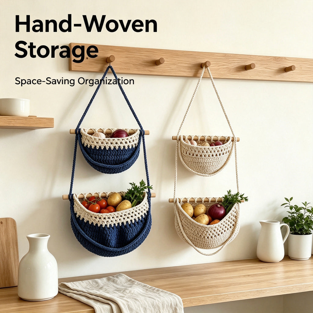 JXG Hand Woven Cotton Wall Hanging Fruit Net Bag Removable Wall Mount Vegetable Storage Basket For Kitchen Home Decor