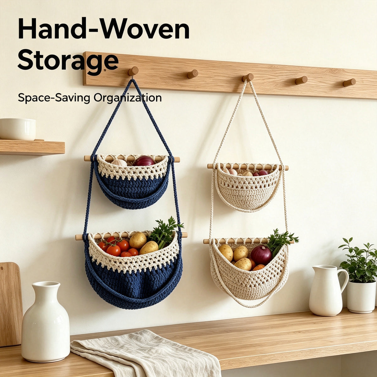 JXG Hand Woven Cotton Wall Hanging Fruit Net Bag Removable Wall Mount Vegetable Storage Basket For Kitchen Home Decor