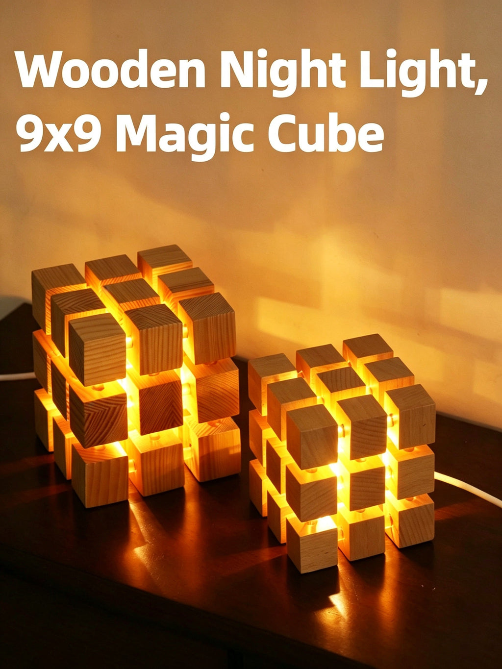 YCL Creative Zauberwürfel-Nachtlicht aus Buchenholz | USB-betriebene warme LED-Nachttisch-Ambienteleuchte, 4-Gitter & 9-Gitter 2 Stile