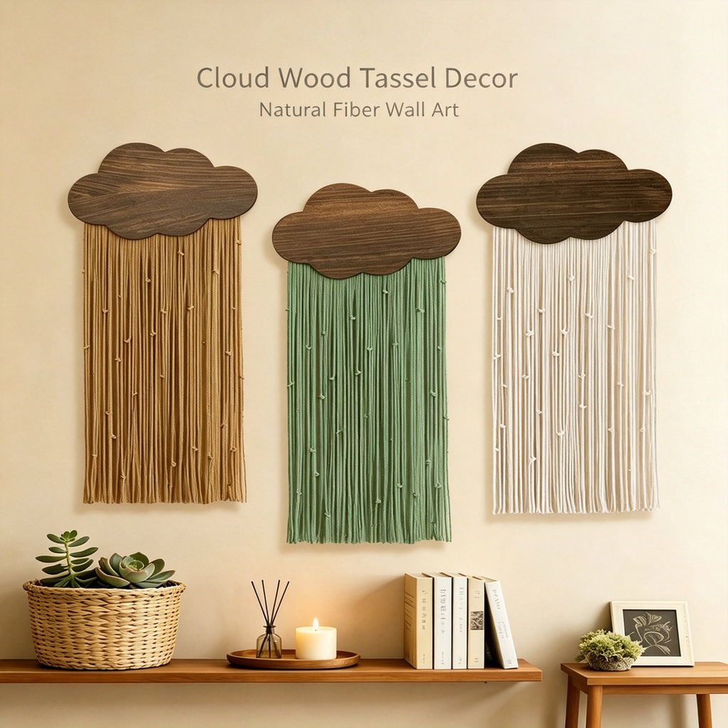 JXG Handwoven Cloud Macrame Wall Hanging Boho Wood Board Tassel Tapestry Wall Decor