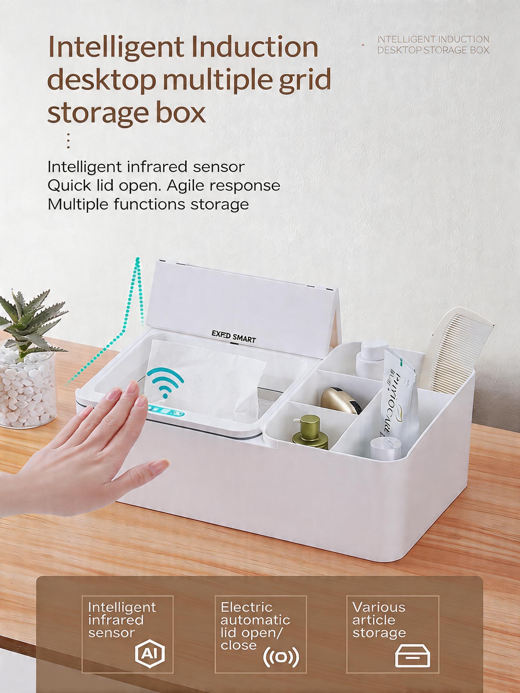 EST Smart Sensor Desktop Storage Box, Automatic Open Multi-Grid Organizer