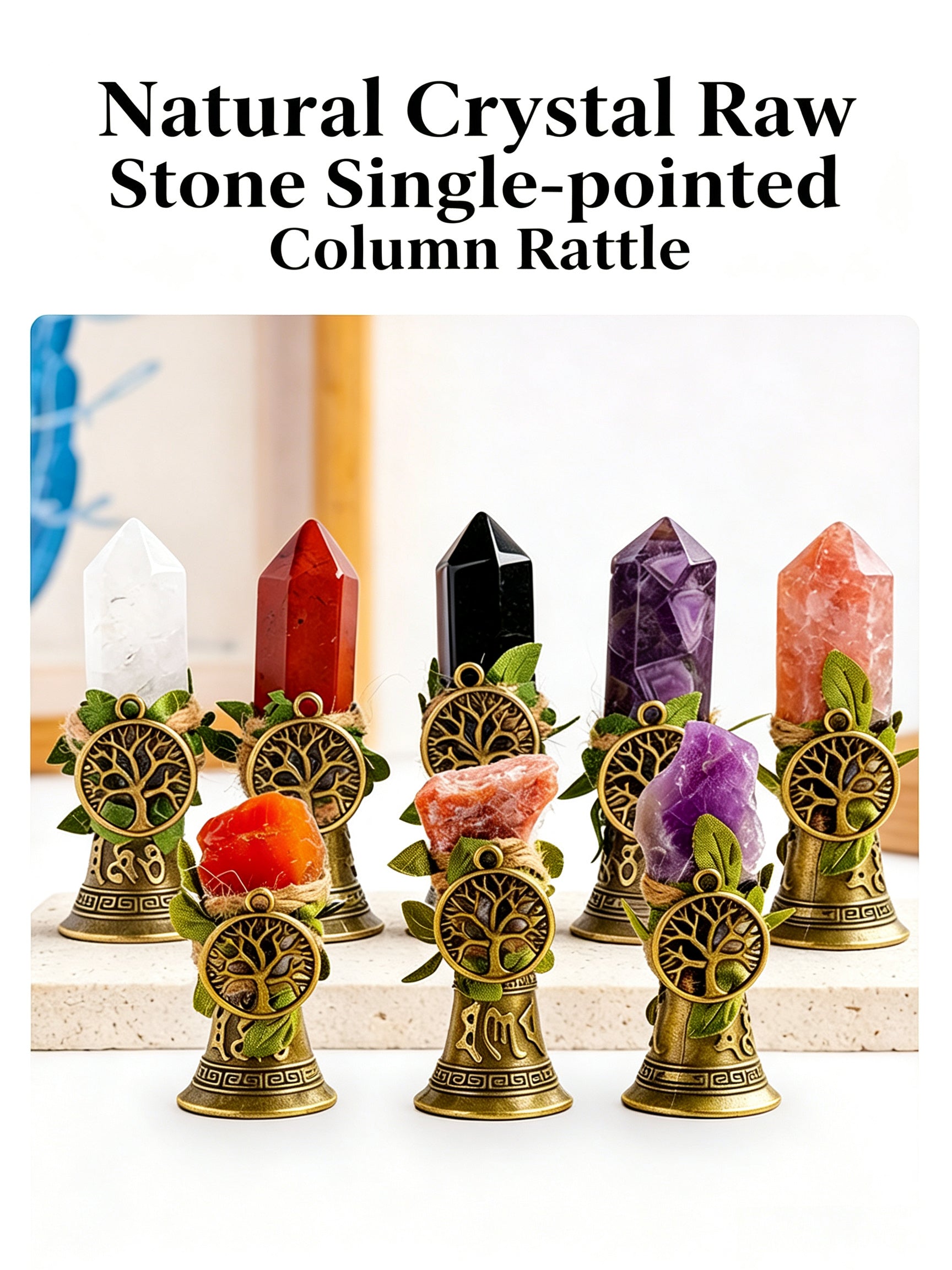 RYS Crystal Point Hand Bell with Tree of Life Charm - Natural Gemstone Decorative Ornament for Home & Spiritual Gifts
