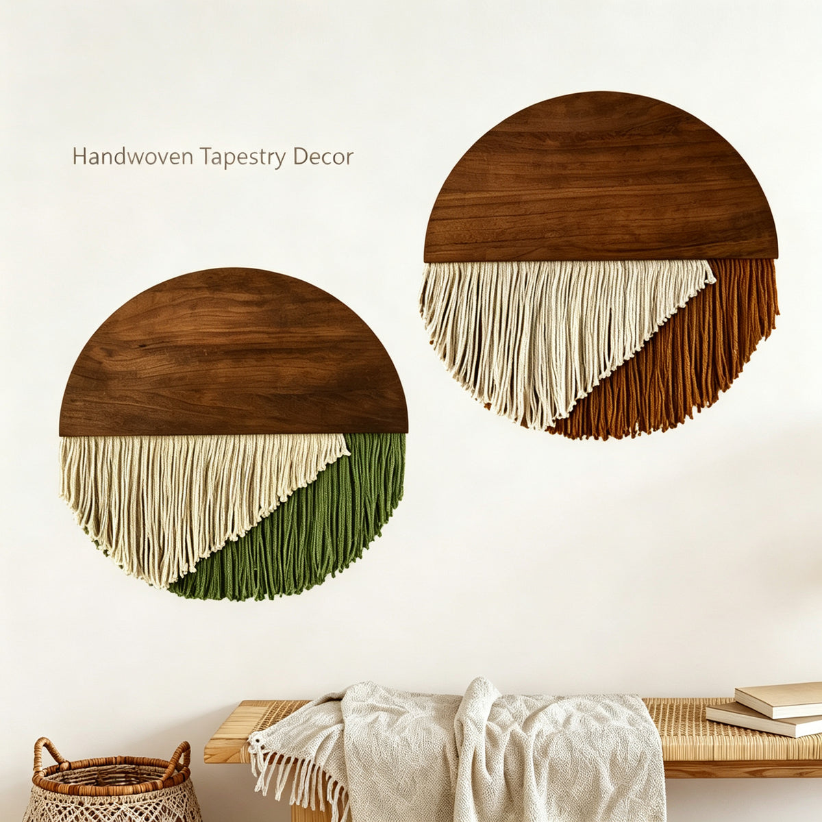 JXG Half‑Round Wood Board Cotton Rope Tassel Wall Tapestry Boho Wall Hanging Decor