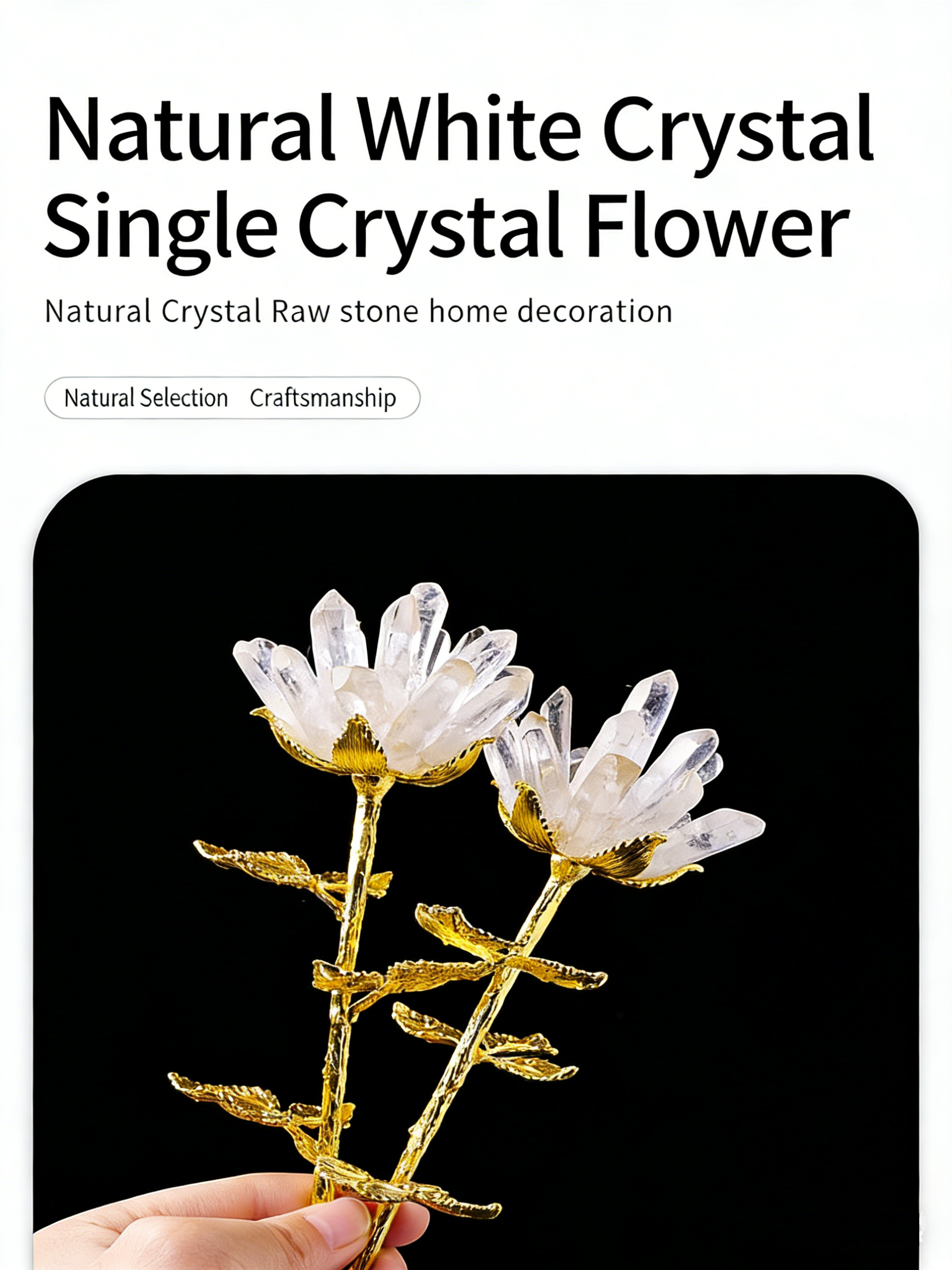 RYS Natural Clear Quartz Rose Crystal Flower | Raw Crystal Single Stem Flower Bouquet | Healing Crystal Gift for Home Decor
