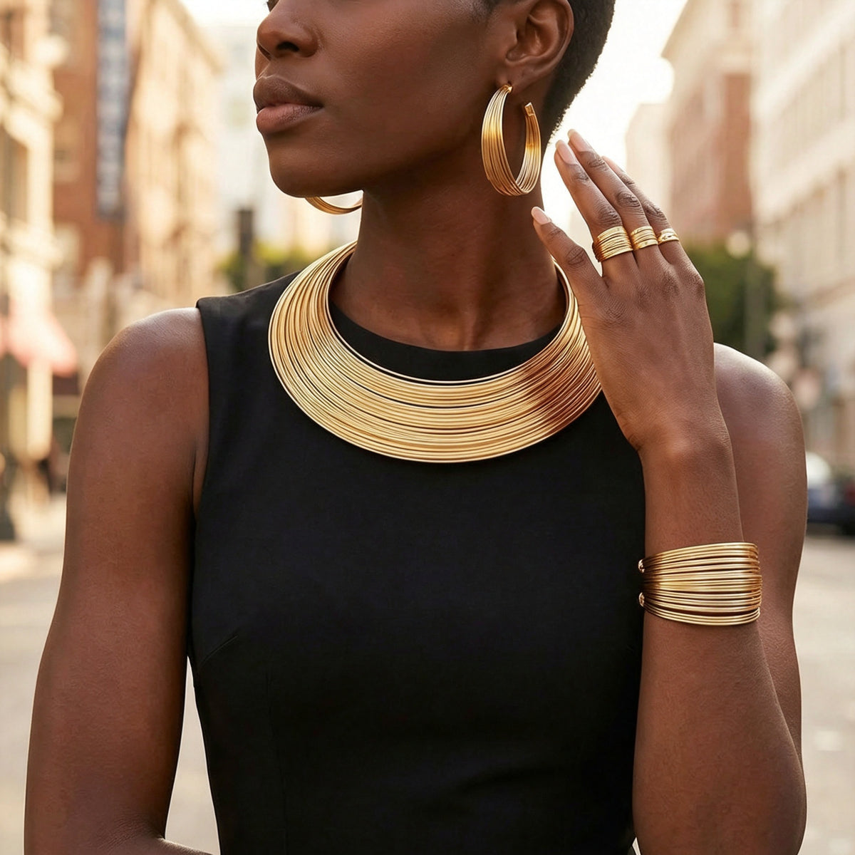 PNY Multi Layer Geometric Metal Jewelry Set Open Torque Choker Necklace Bracelet Hoop Earrings Statement Party Jewelry