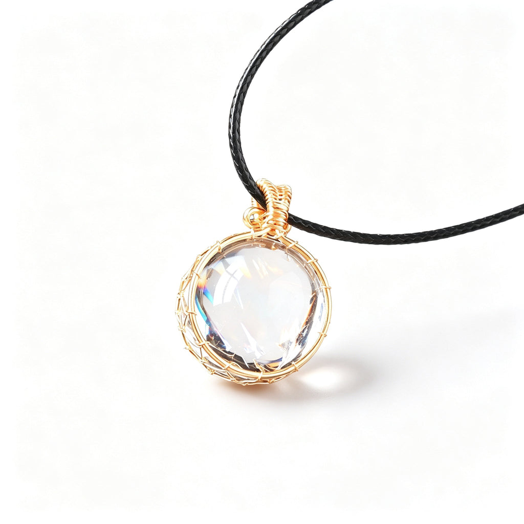 RYS Natural Azeztulite Rainbow Crystal Ball Pendant Necklace with Leather Cord
