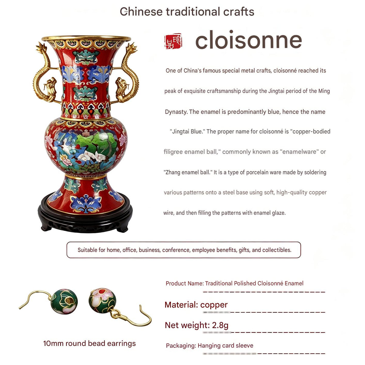 JCJ Handmade Cloisonne Enamel 10mm Round Bead Drop Earrings Traditional Chinese Jewelry