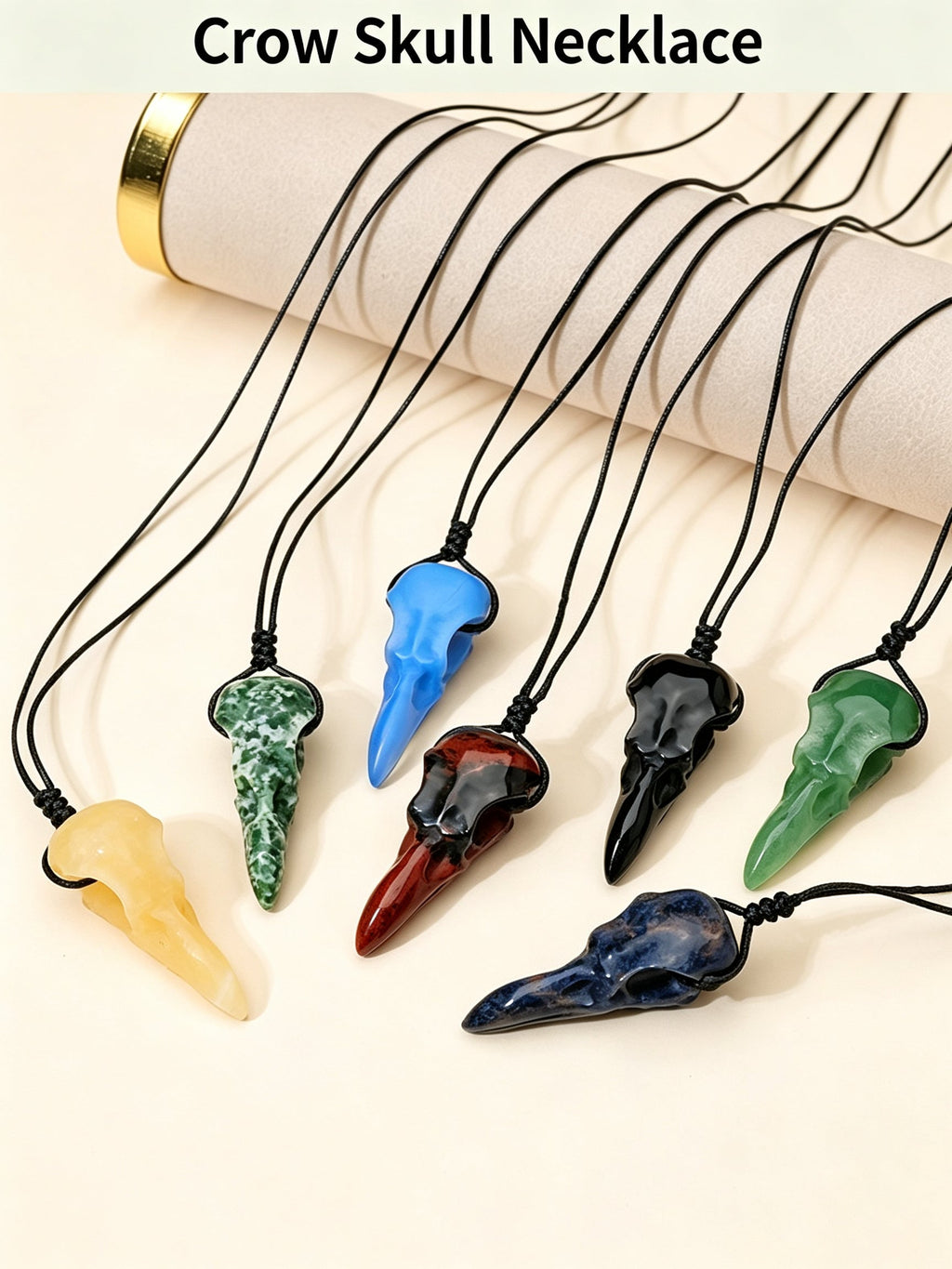 RYS Natural Crystal Crow Skull Pendant Necklace | Gothic Couple Jewelry with Handmade Black Cord