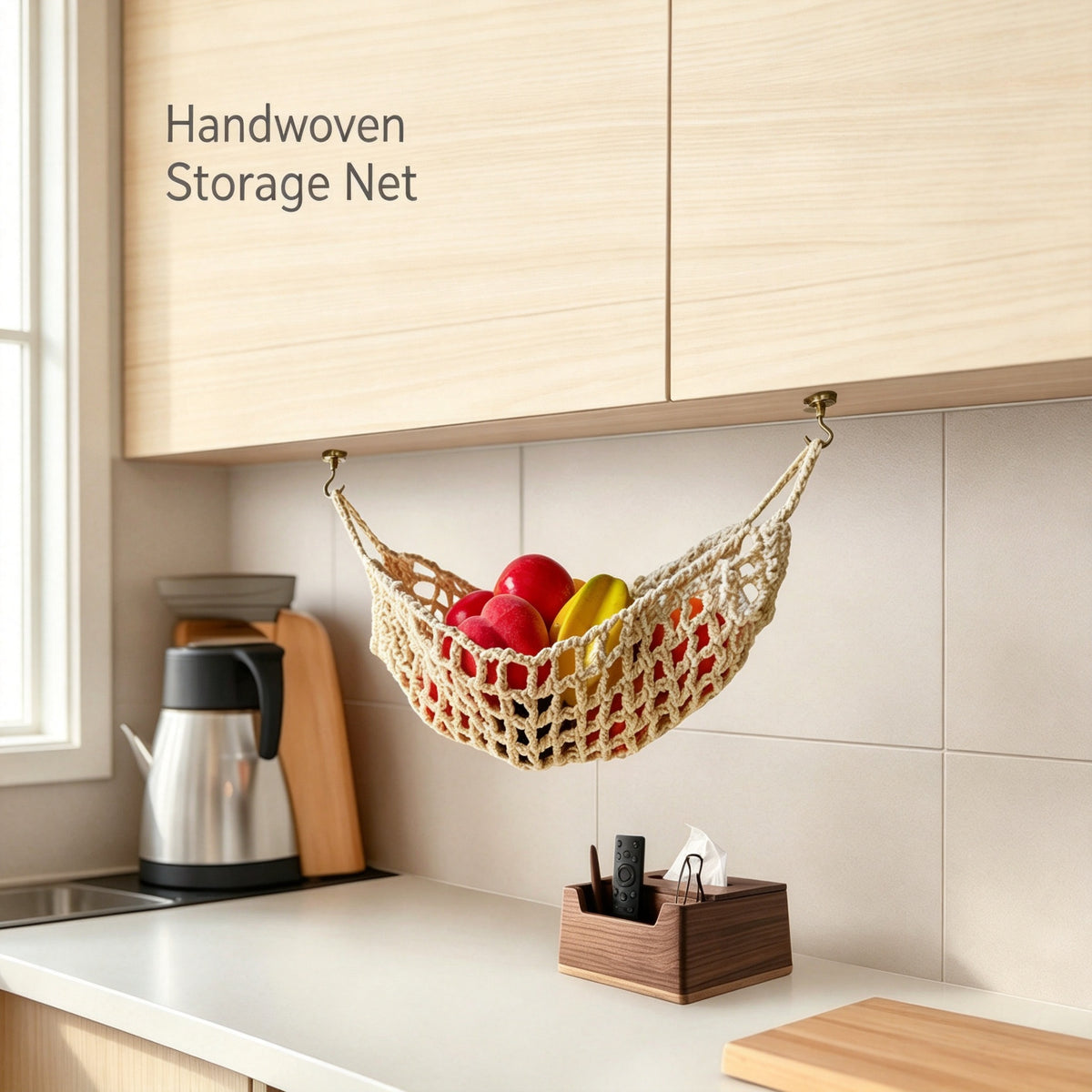 JXG Handwoven Cotton Storage Net Bag Wall Hanging Fruit Vegetable Organizer Ins Style Home Decor