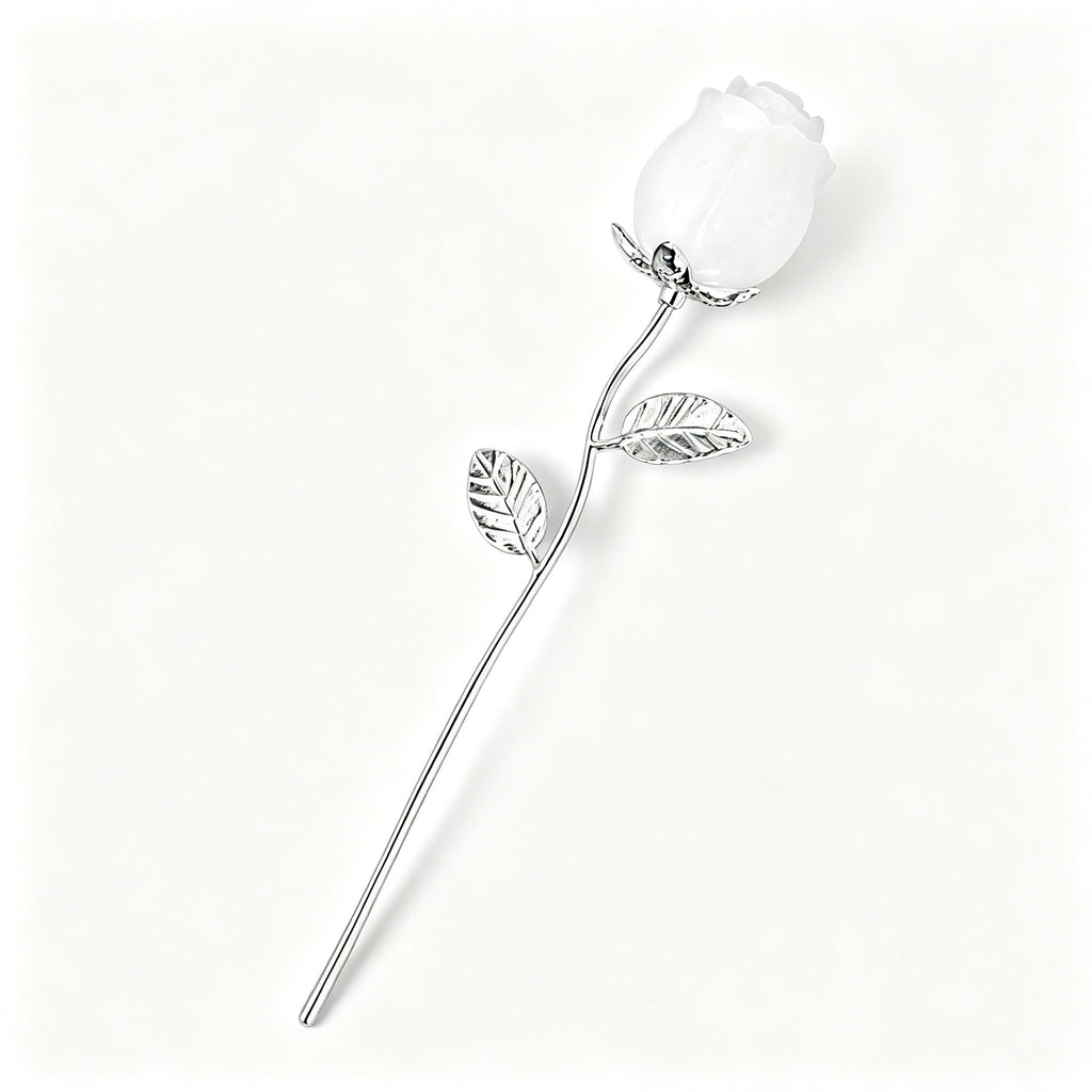 RYS Natural Crystal Rose Flower Figurine | Hand-Carved Gemstone Rose with Gold/Silver Metal Stem - Valentine's & Wedding Favor Gift