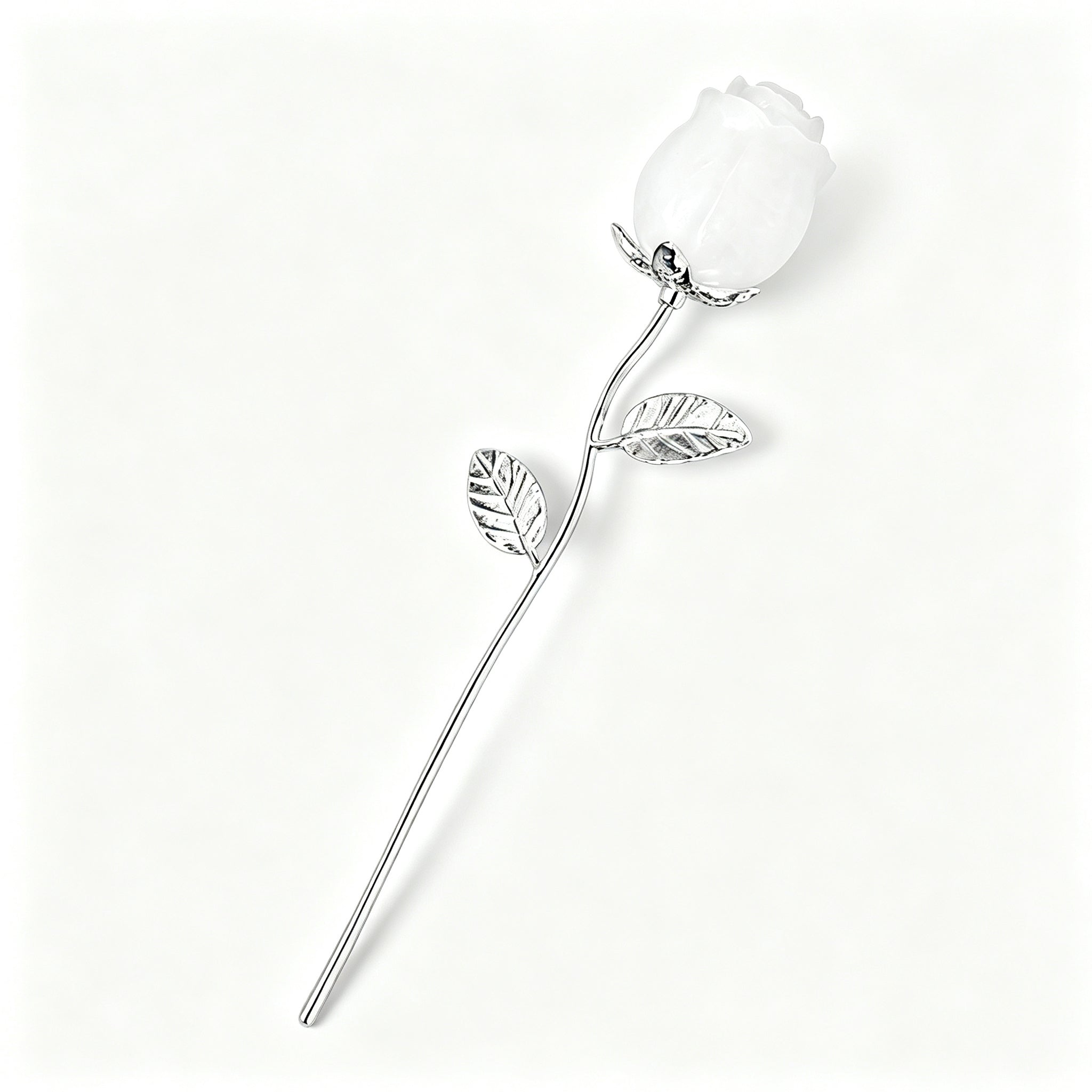 RYS Natural Crystal Rose Flower Figurine | Hand-Carved Gemstone Rose with Gold/Silver Metal Stem - Valentine's & Wedding Favor Gift