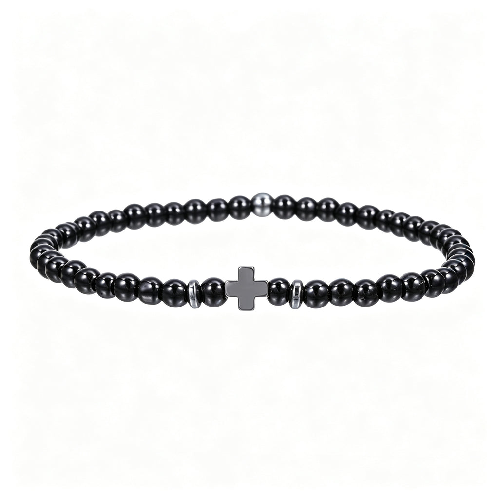 PNY Men Cross Beaded Bracelet Natural Volcanic Stone Black Obsidian Elastic Bracelet Unisex Religious Jewelry Gift