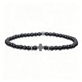 PNY Men Cross Beaded Bracelet Natural Volcanic Stone Black Obsidian Elastic Bracelet Unisex Religious Jewelry Gift