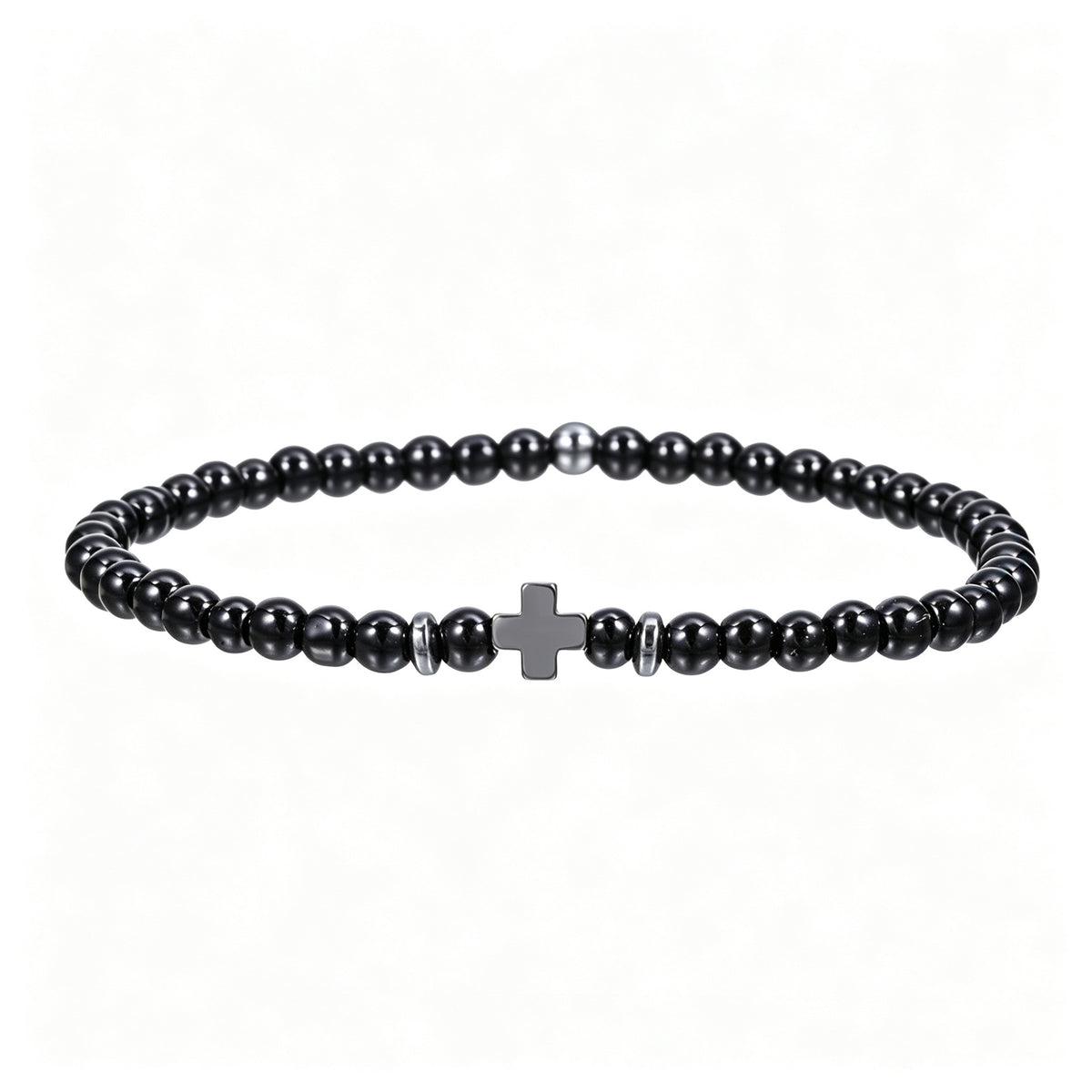 PNY Men Cross Beaded Bracelet Natural Volcanic Stone Black Obsidian Elastic Bracelet Unisex Religious Jewelry Gift