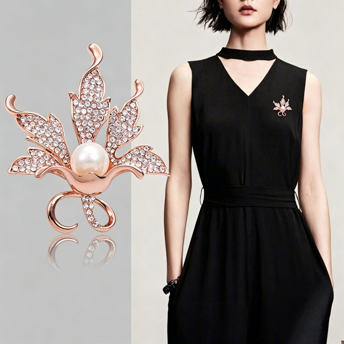QZY Minimalist Maple Leaf Pearl Rhinestone Brooch, Electroplated Alloy Pin for Women Daily & Winter Outfits