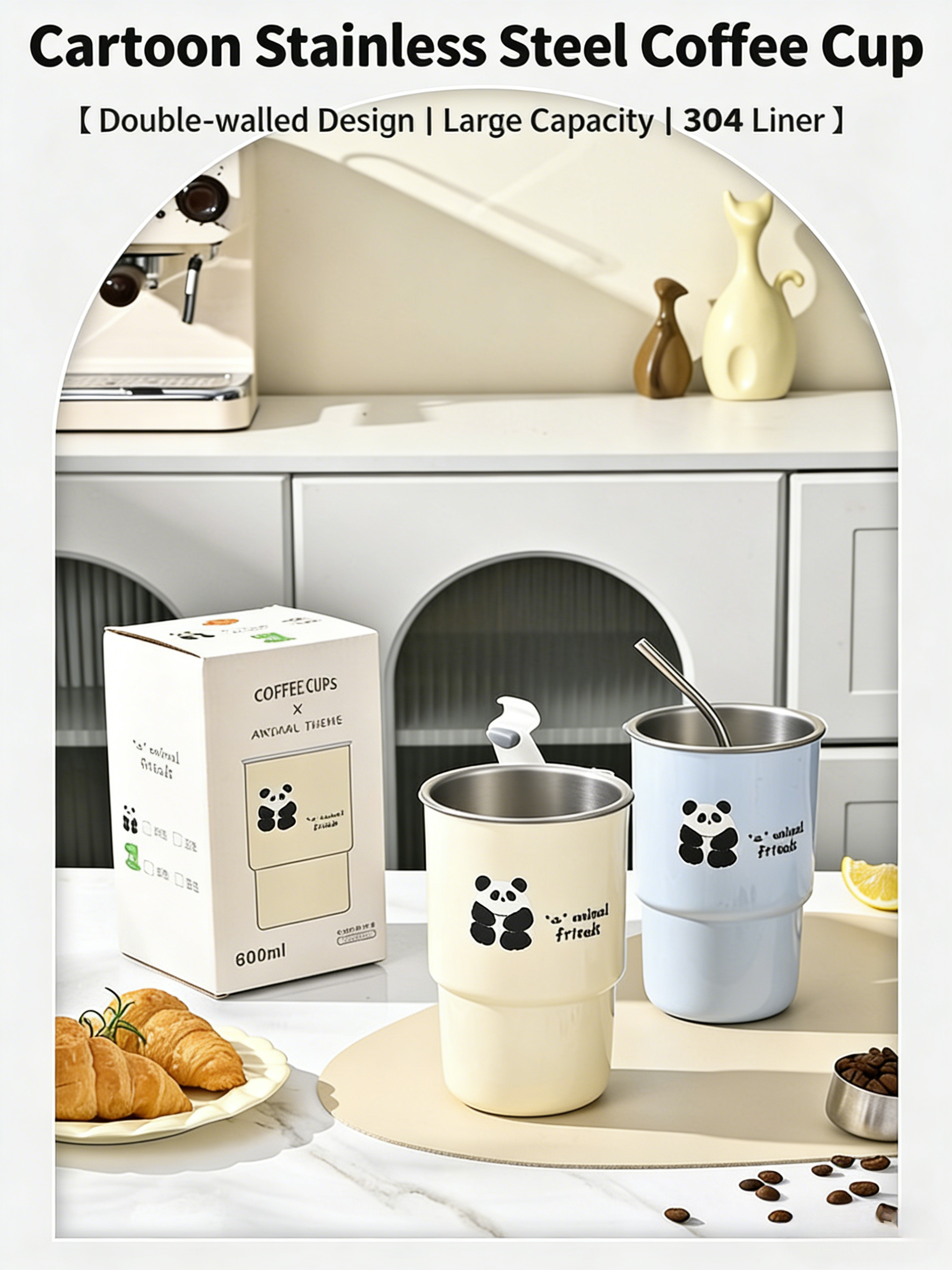 HGD Cute Panda Insulated Coffee Cup with Straw & Lid | 400/600ml Animal Theme Stainless Steel Tumbler