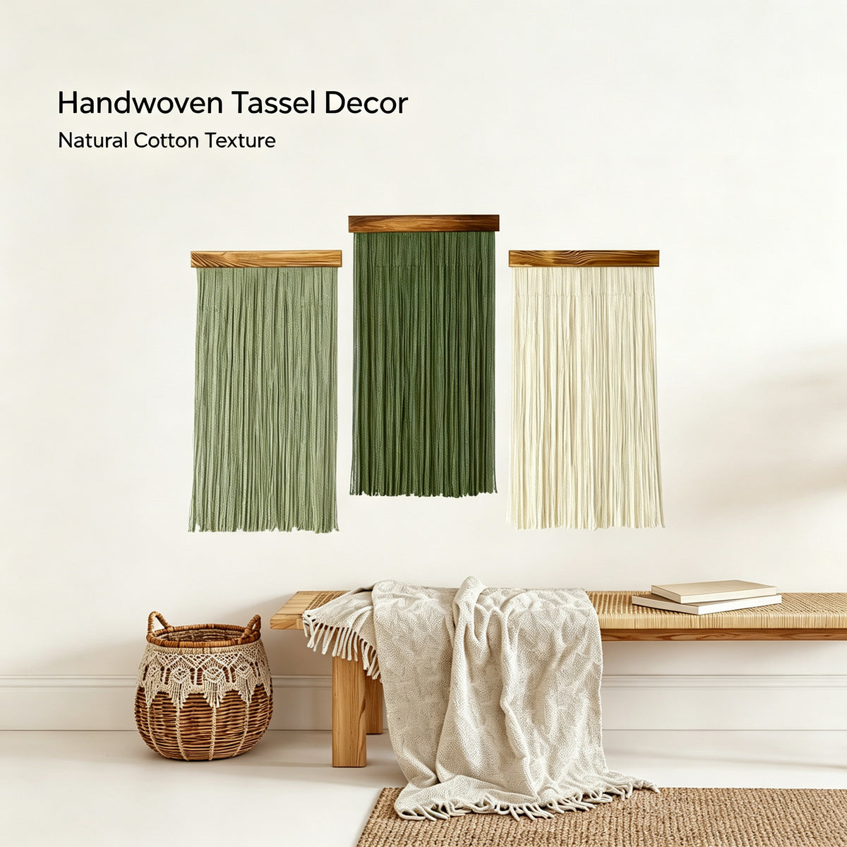 JXG Handwoven Cotton Tassel Wall Hanging Boho Wood Rod Fringe Tapestry Decor