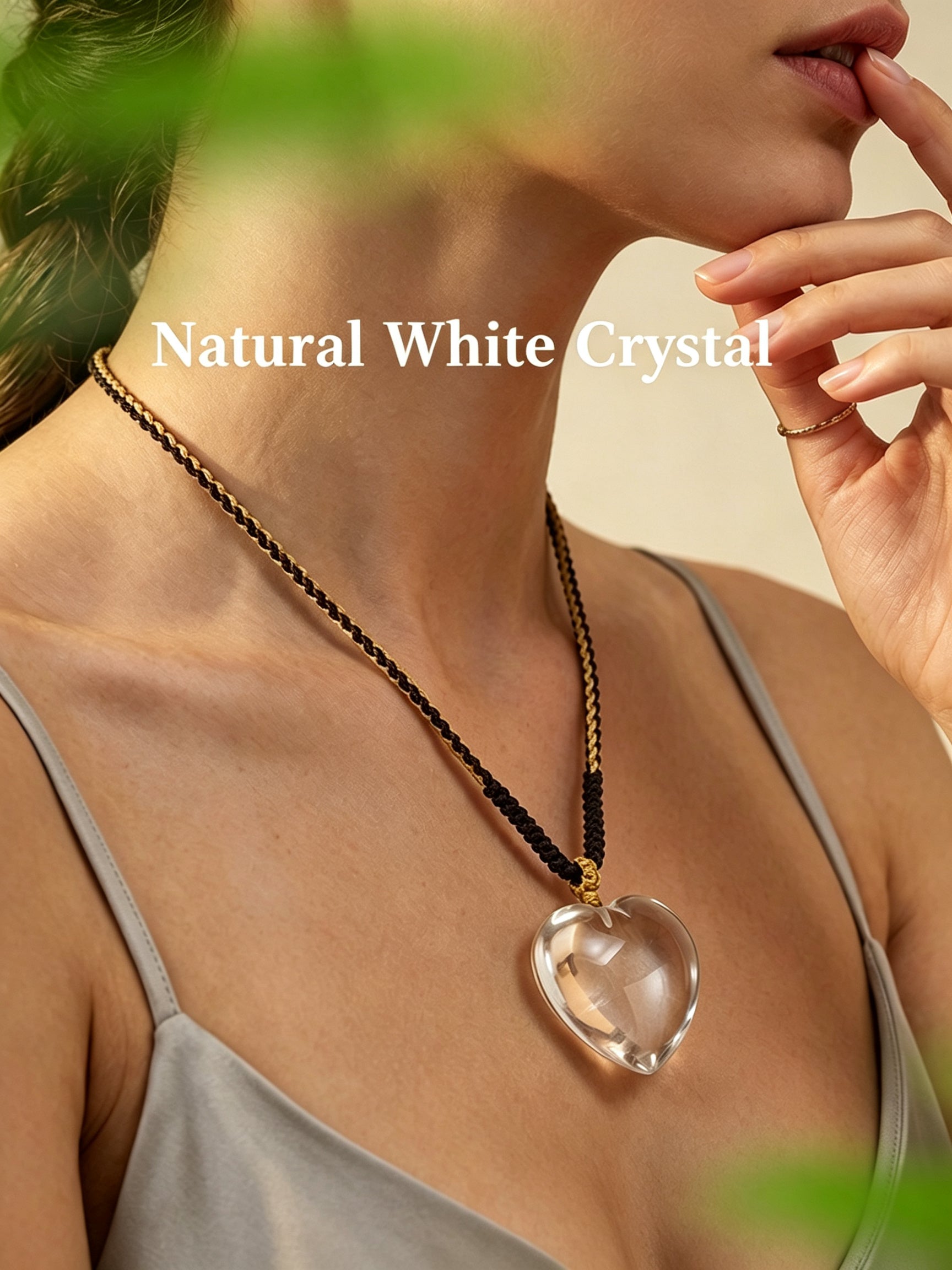 RYS Natural Clear Quartz Heart Pendant Necklace Hand Woven Rope