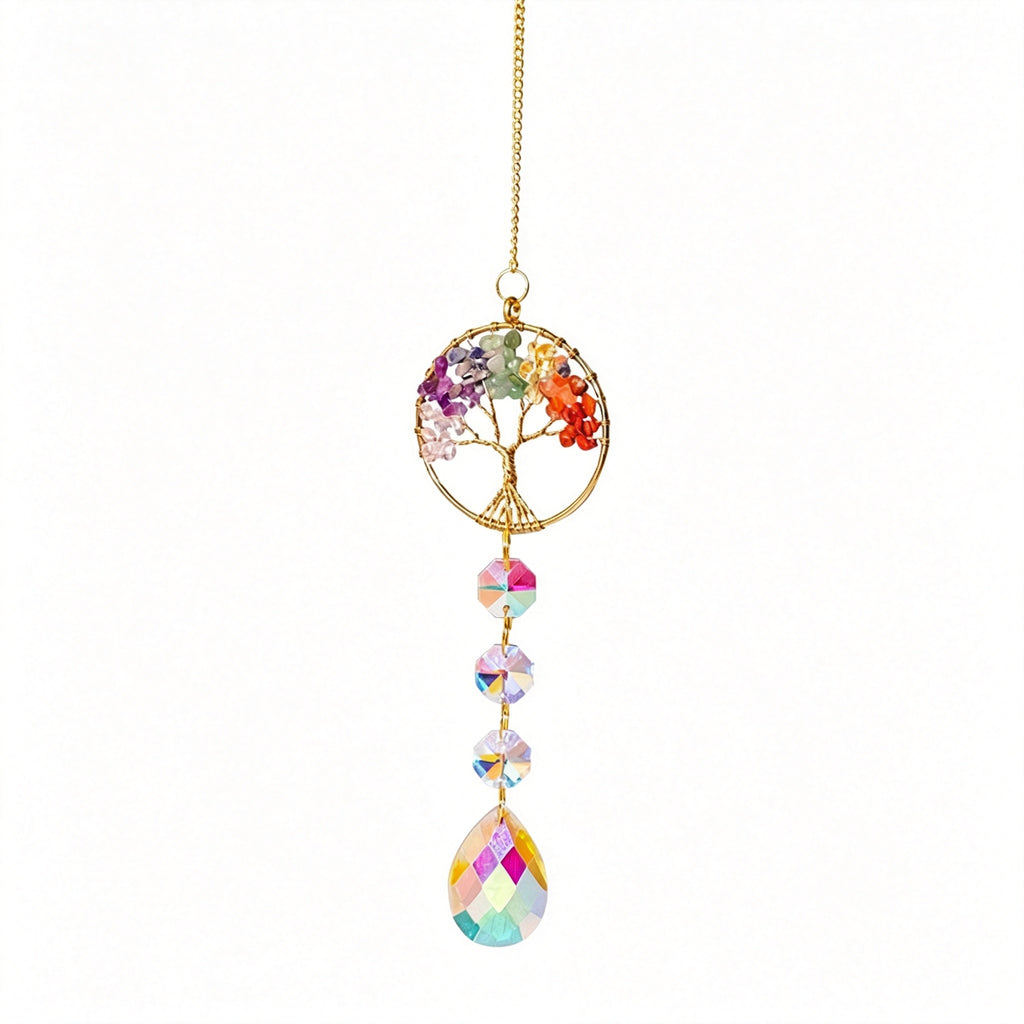 RYS Natural Crystal Tree of Life Suncatcher, Rainbow‑Drop Crystal Hanging Ornament for Window, Car & Home Decor