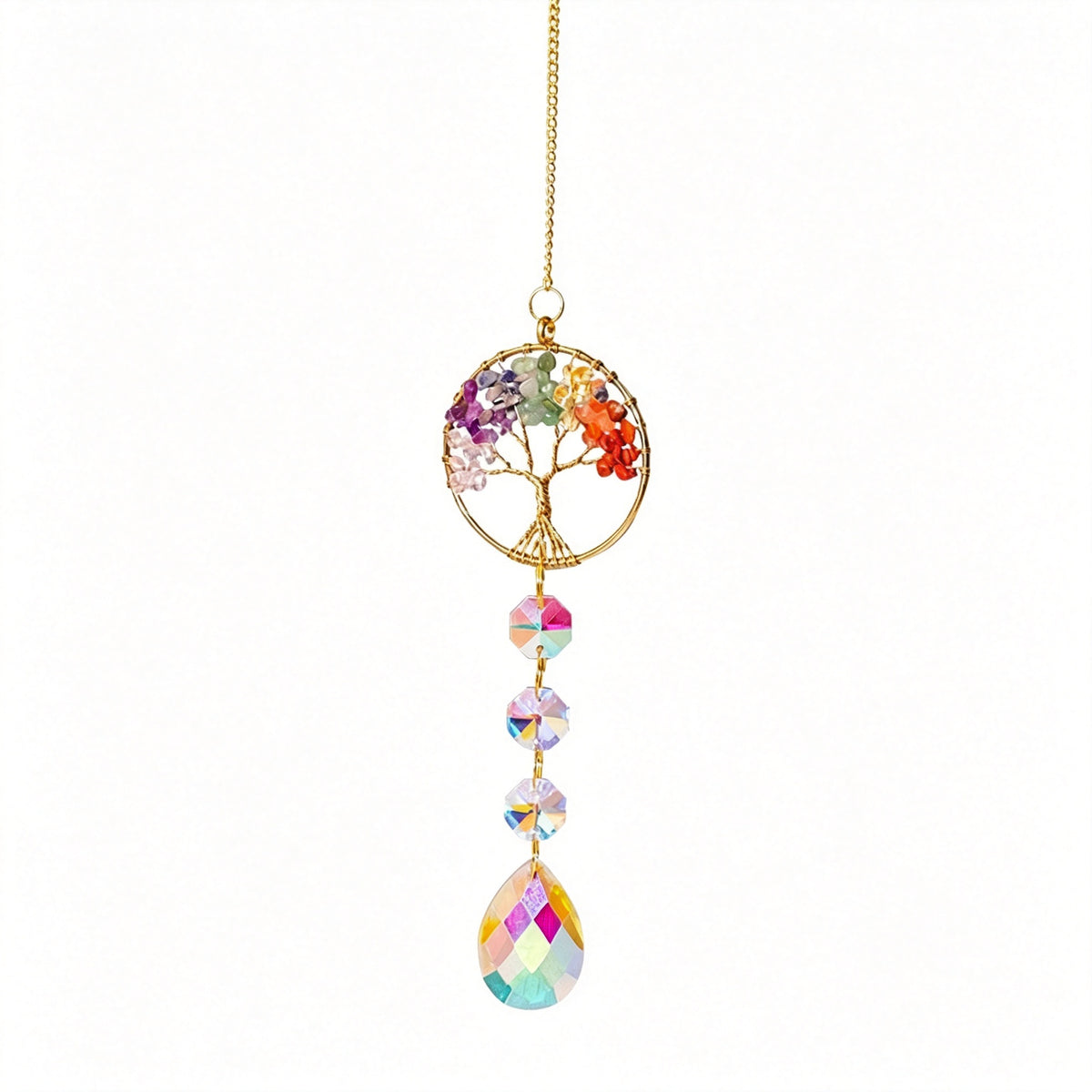 RYS Natural Crystal Tree of Life Suncatcher, Rainbow‑Drop Crystal Hanging Ornament for Window, Car & Home Decor