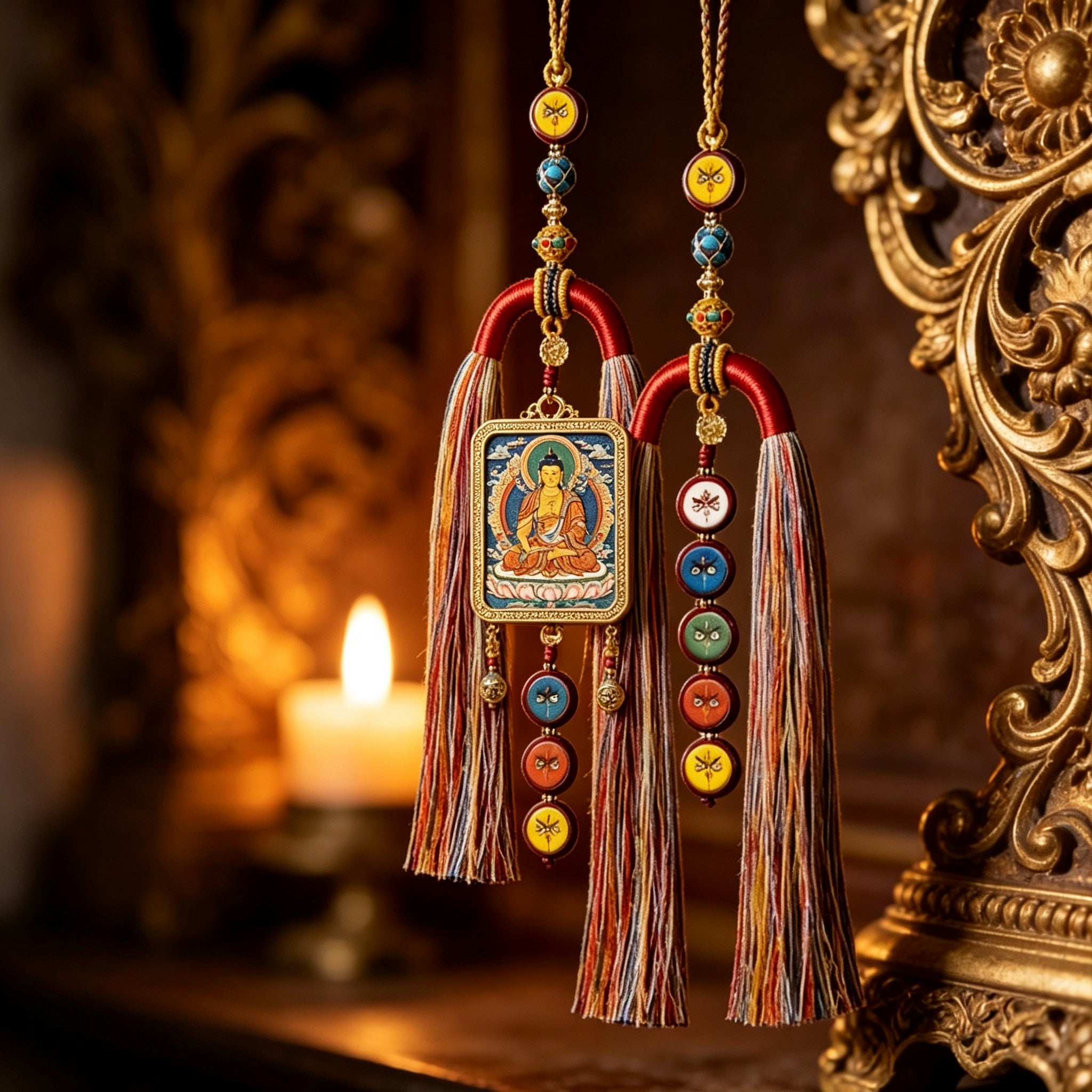 HXJ Handmade Five-Way Wealth God Thangka Car Charm | Vermilion & Hemp Cord Ethnic Pendant