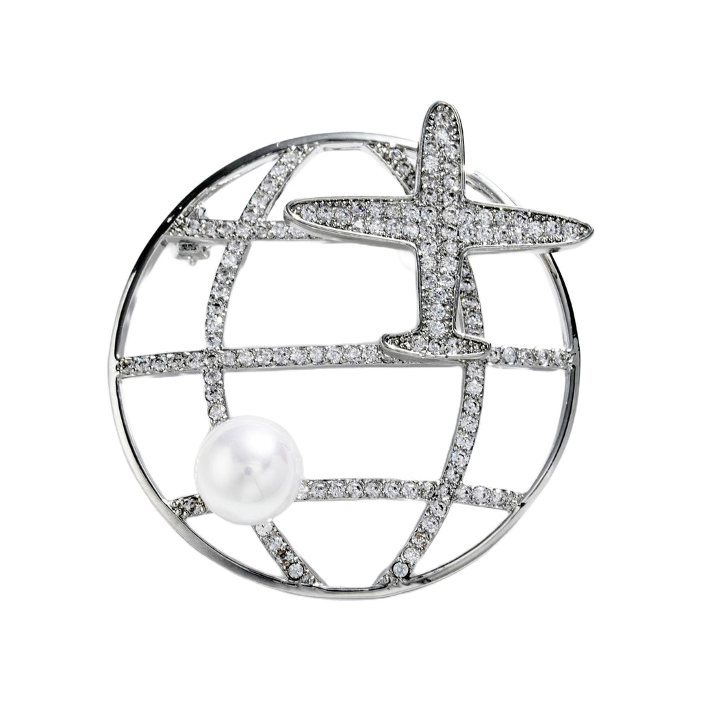 QZY Rotating Pearl Airplane Brooch Zircon Circle Pin Elegant Coat Accessory