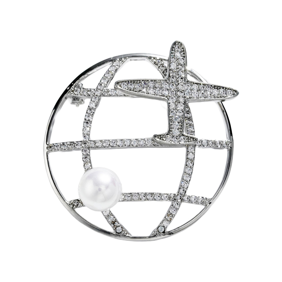 QZY Rotating Pearl Airplane Brooch Zircon Circle Pin Elegant Coat Accessory