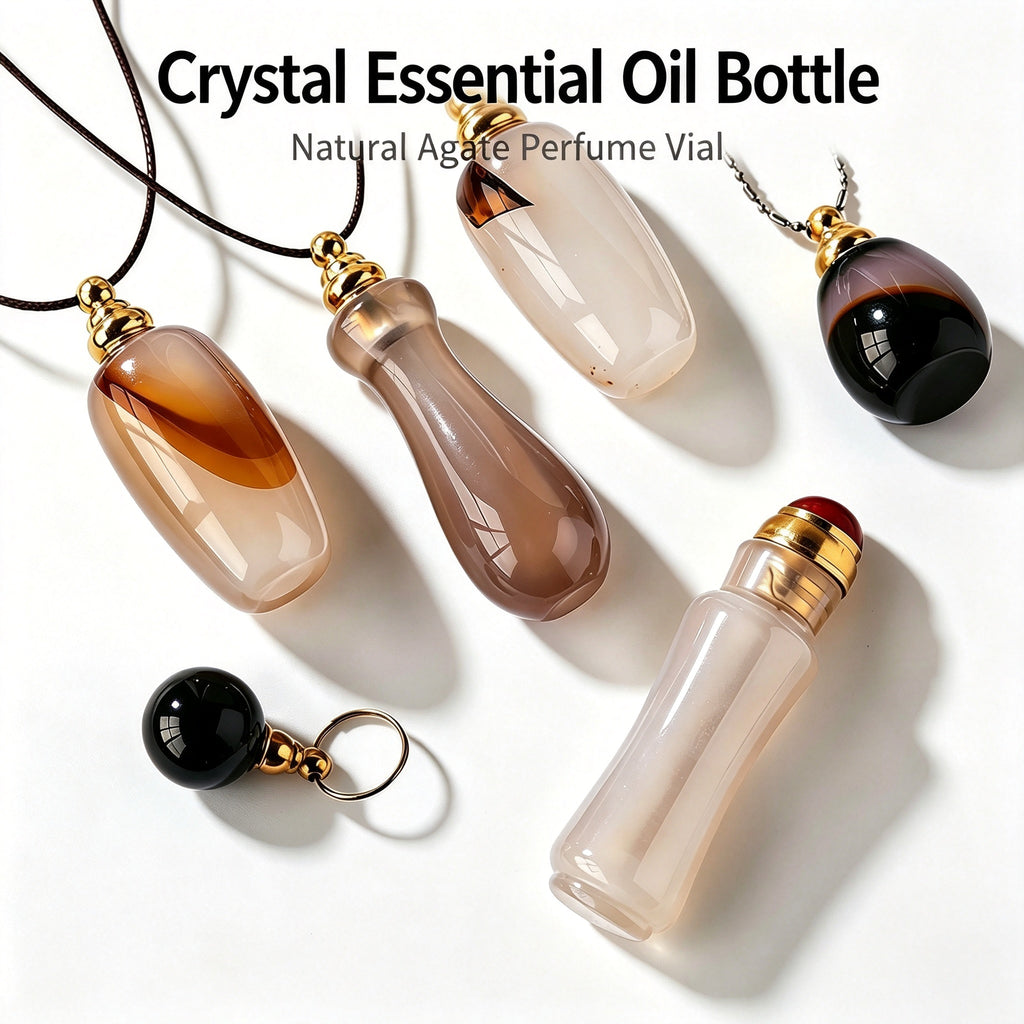RYS Natural Agate Crystal Essential Oil Bottle, Hand Polished Raw Stone Aroma Perfume Vial Pendant, No Cord