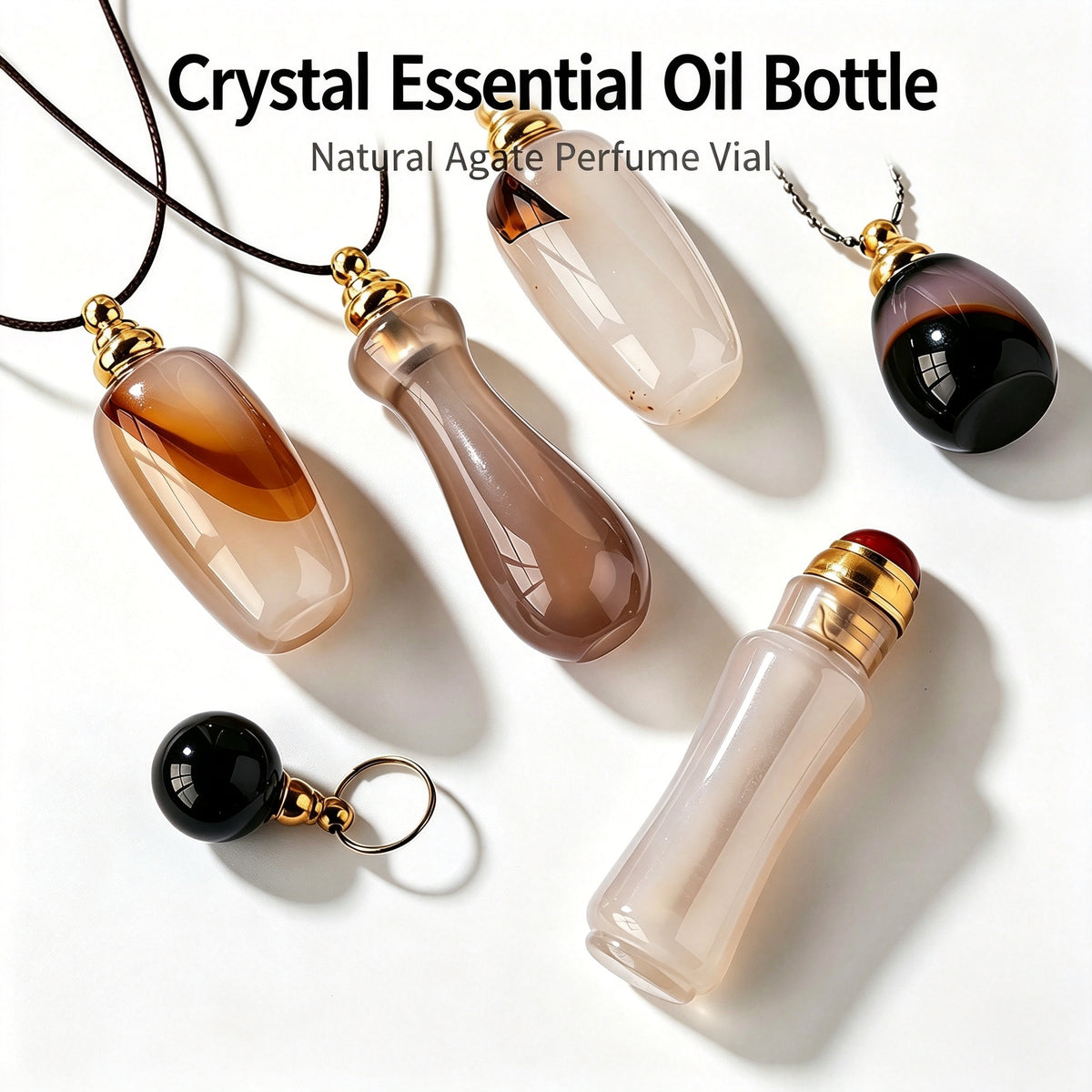 RYS Natural Agate Crystal Essential Oil Bottle, Hand Polished Raw Stone Aroma Perfume Vial Pendant, No Cord