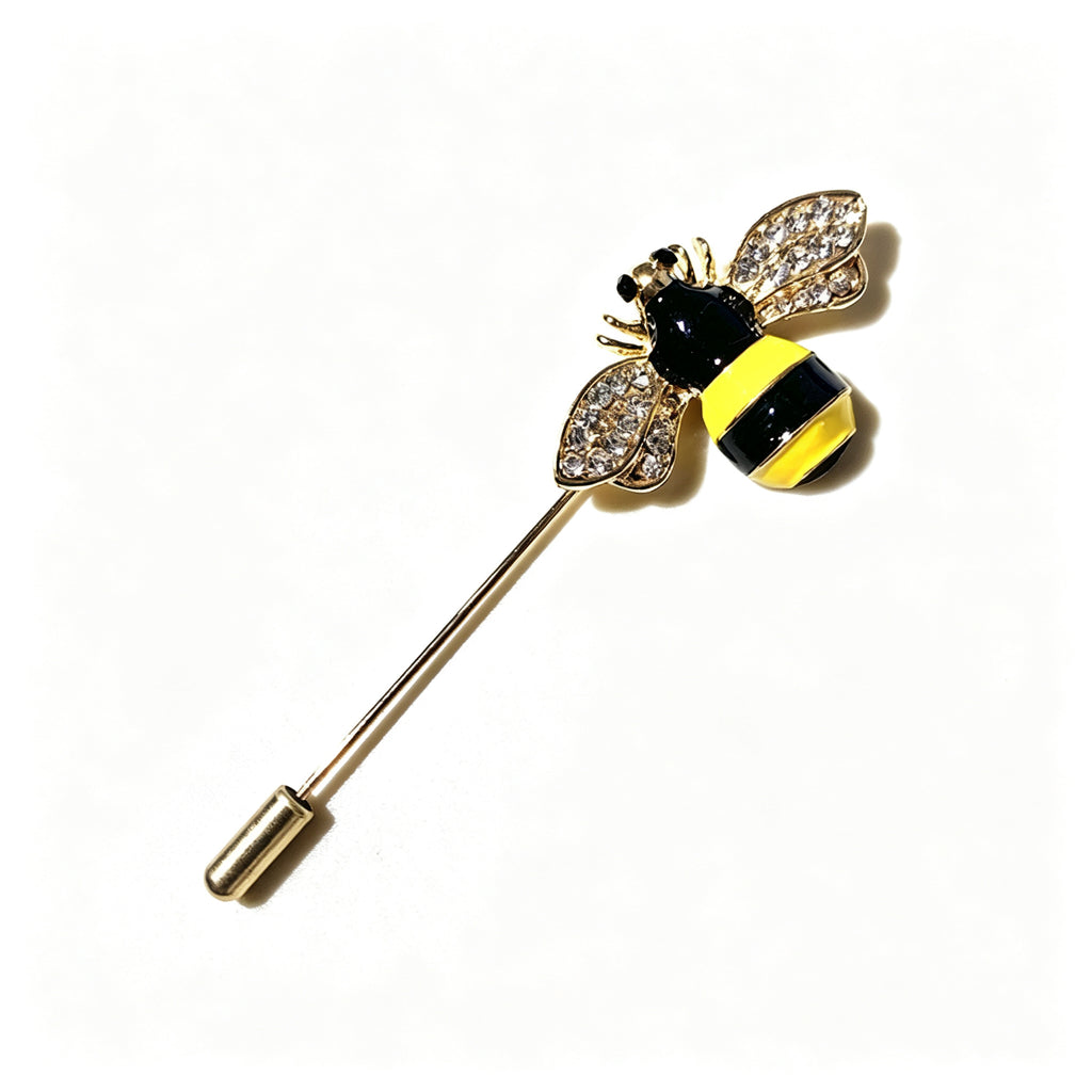 QZY Enamel Bee Stick Brooch 18K Gold Electroplated Rhinestone Insect Lapel Pin