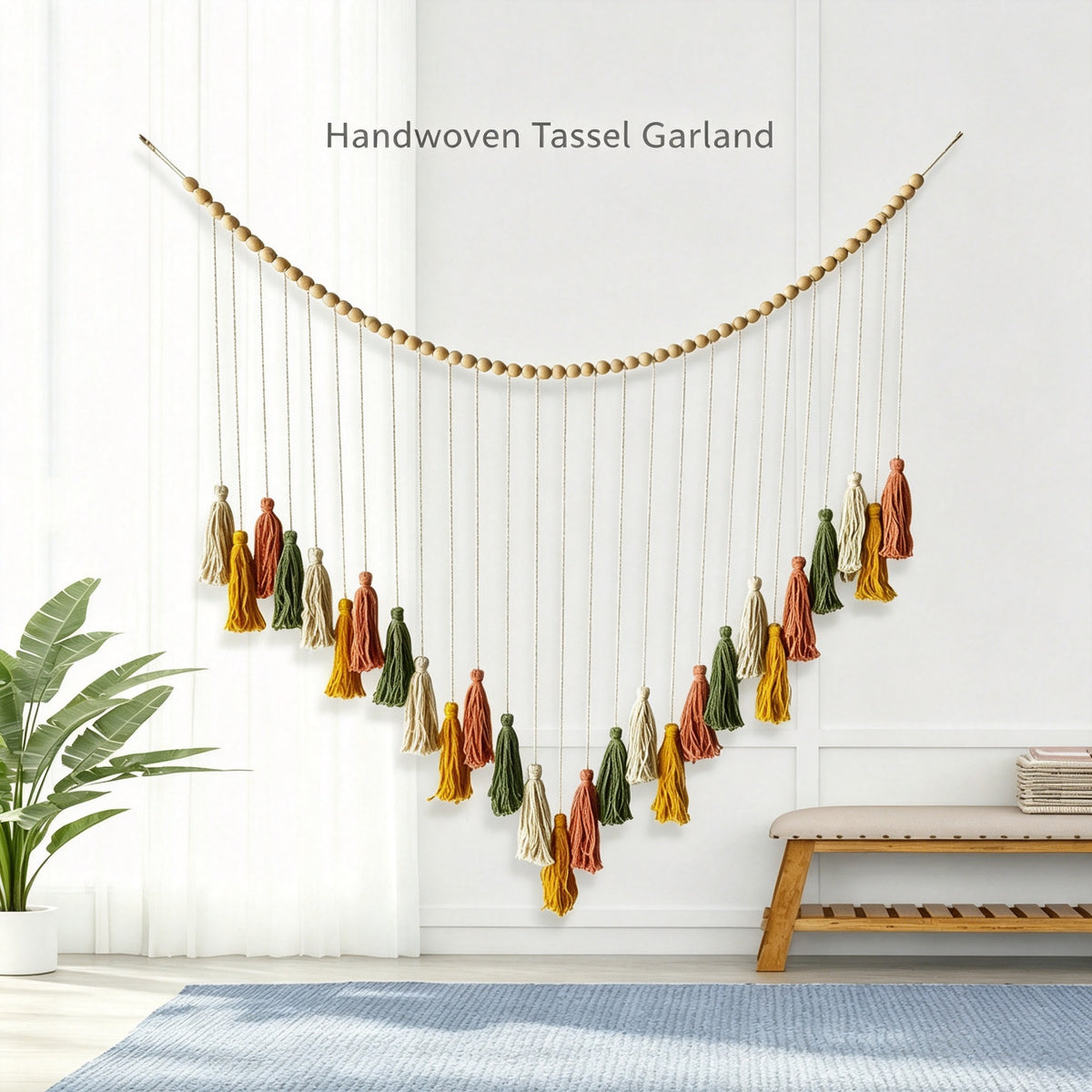 JXG Wood Bead Tassel Wall Tapestry Cotton Rope Woven Boho Wall Hanging Decor for Living Room Balcony