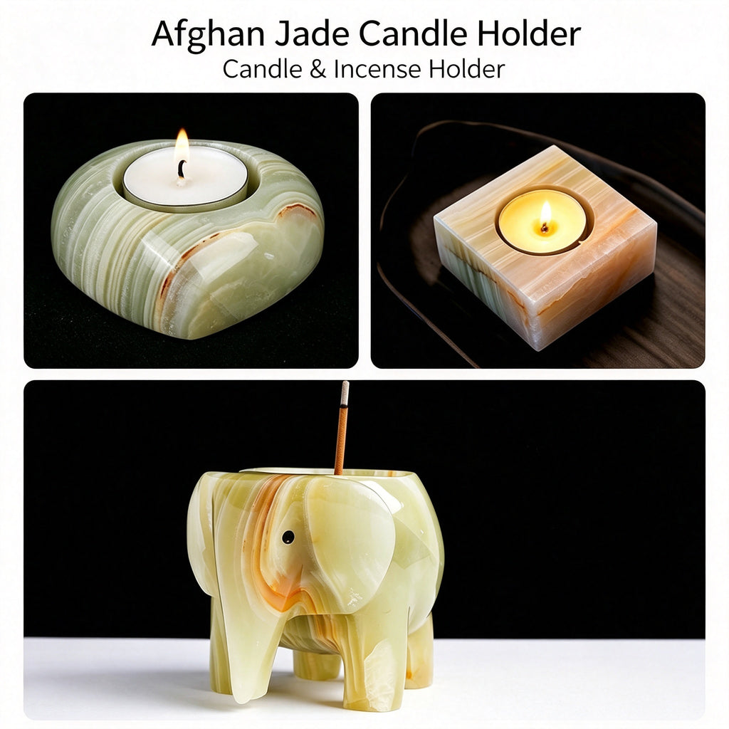 RYS Natural Afghanistan Jade Candle Holder, Elephant Square Heart Shape, Aromatherapy Wax Base, Raw Stone Decor for Home Decor