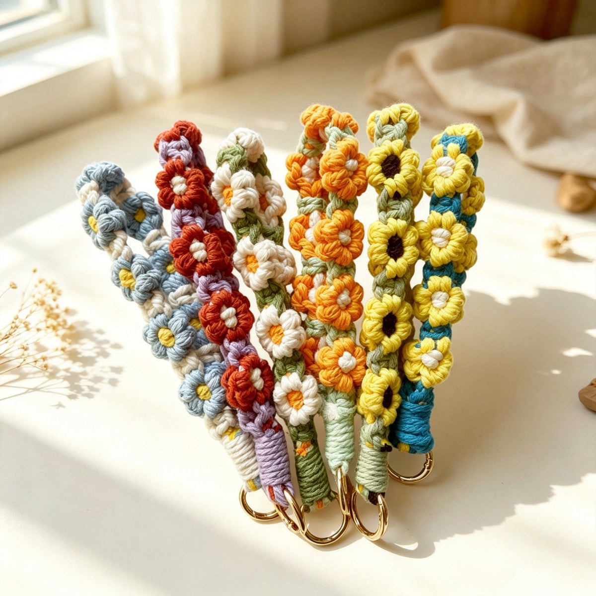 JXG Handwoven Daisy Macrame Keychain Wristlet Boho Cotton Flower Key Ring Bag Charm