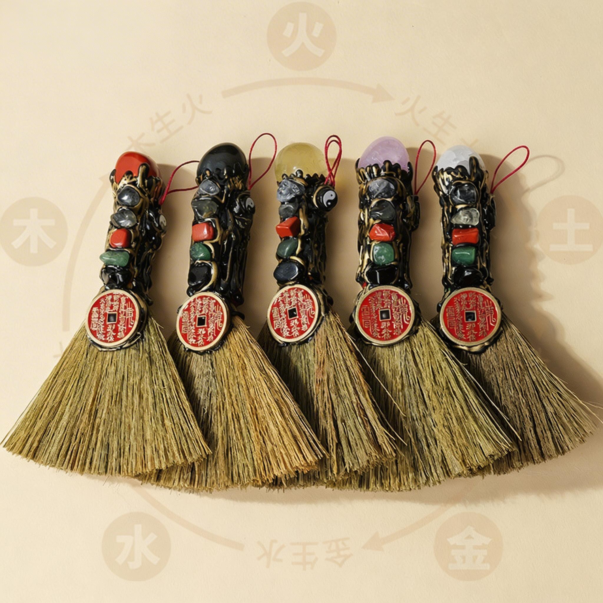 RYS Natural Crystal Shanguang Coin & Small Broom Pendant, Five Elements Stone Amulet for Entrance Door Handle