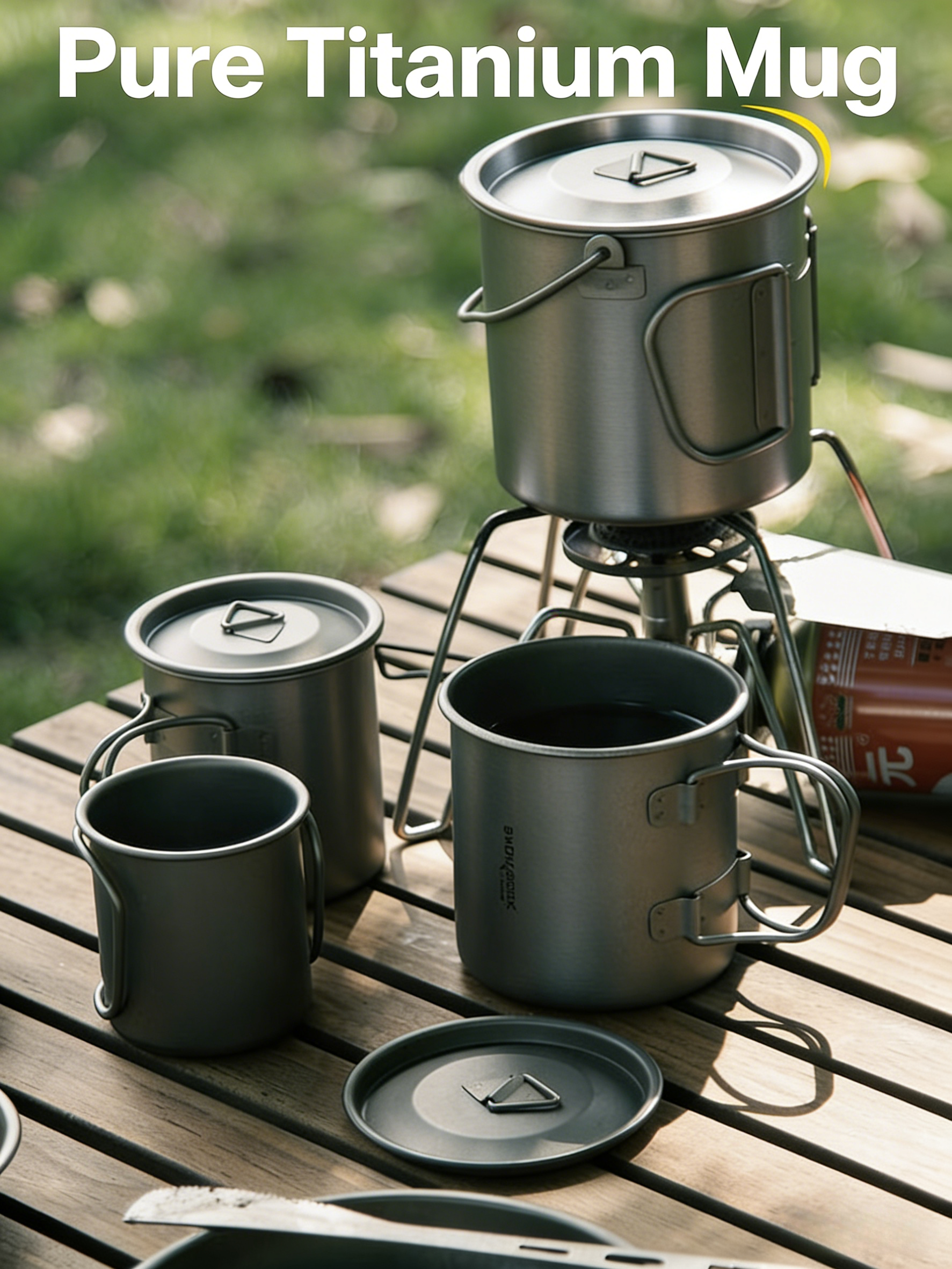 SNR Leichter Titanbecher mit Klappgriff | Tragbarer Campingbecher mit Deckel & Silikonhülle | 300ml-600ml