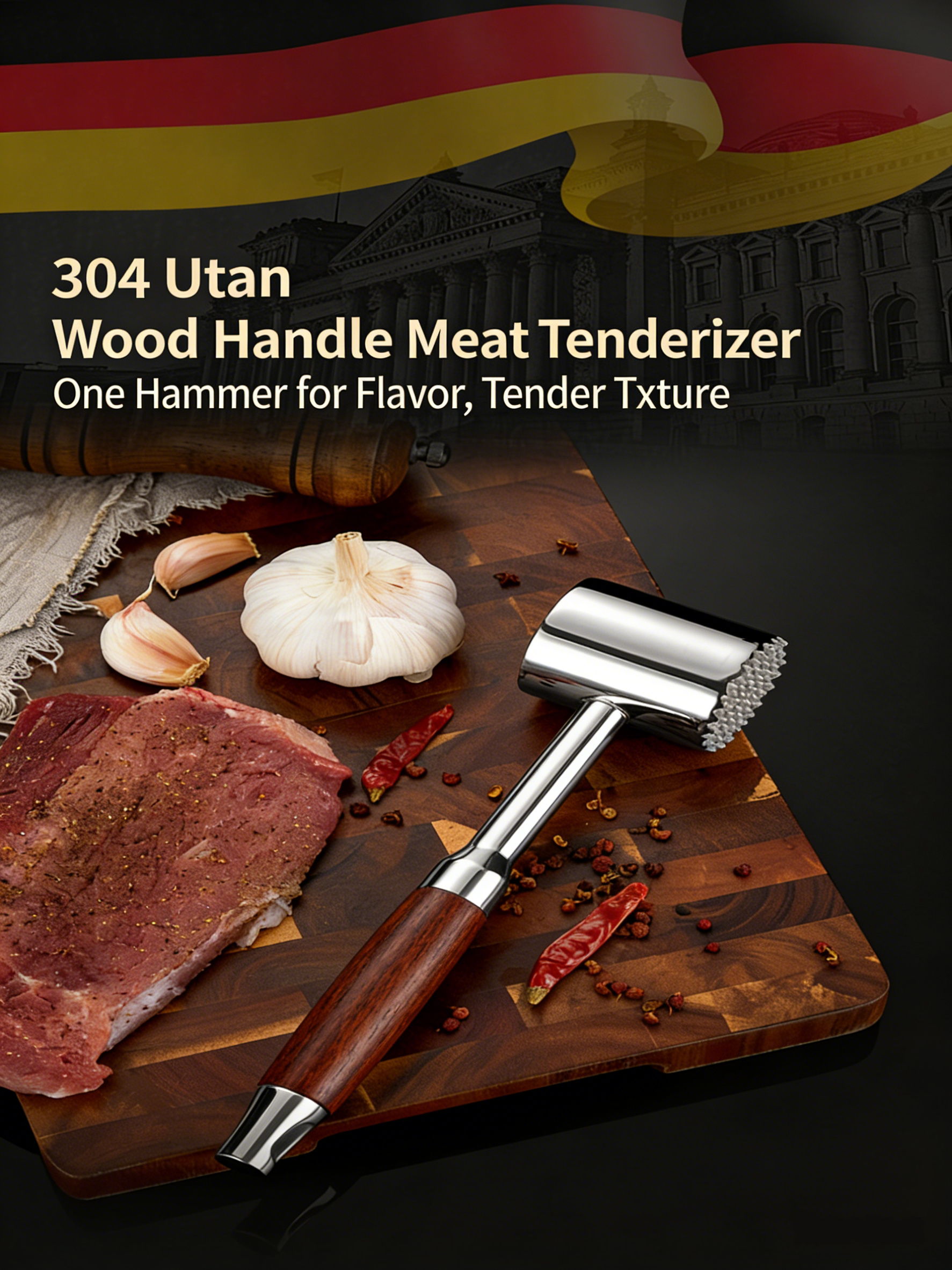 HGD 304 Stainless Steel Meat Tenderizer Hammer | Dual-Sided Meat Mallet with Rosewood Handle | Kitchen Tool for Tenderizing Steak, Pork & Chicken