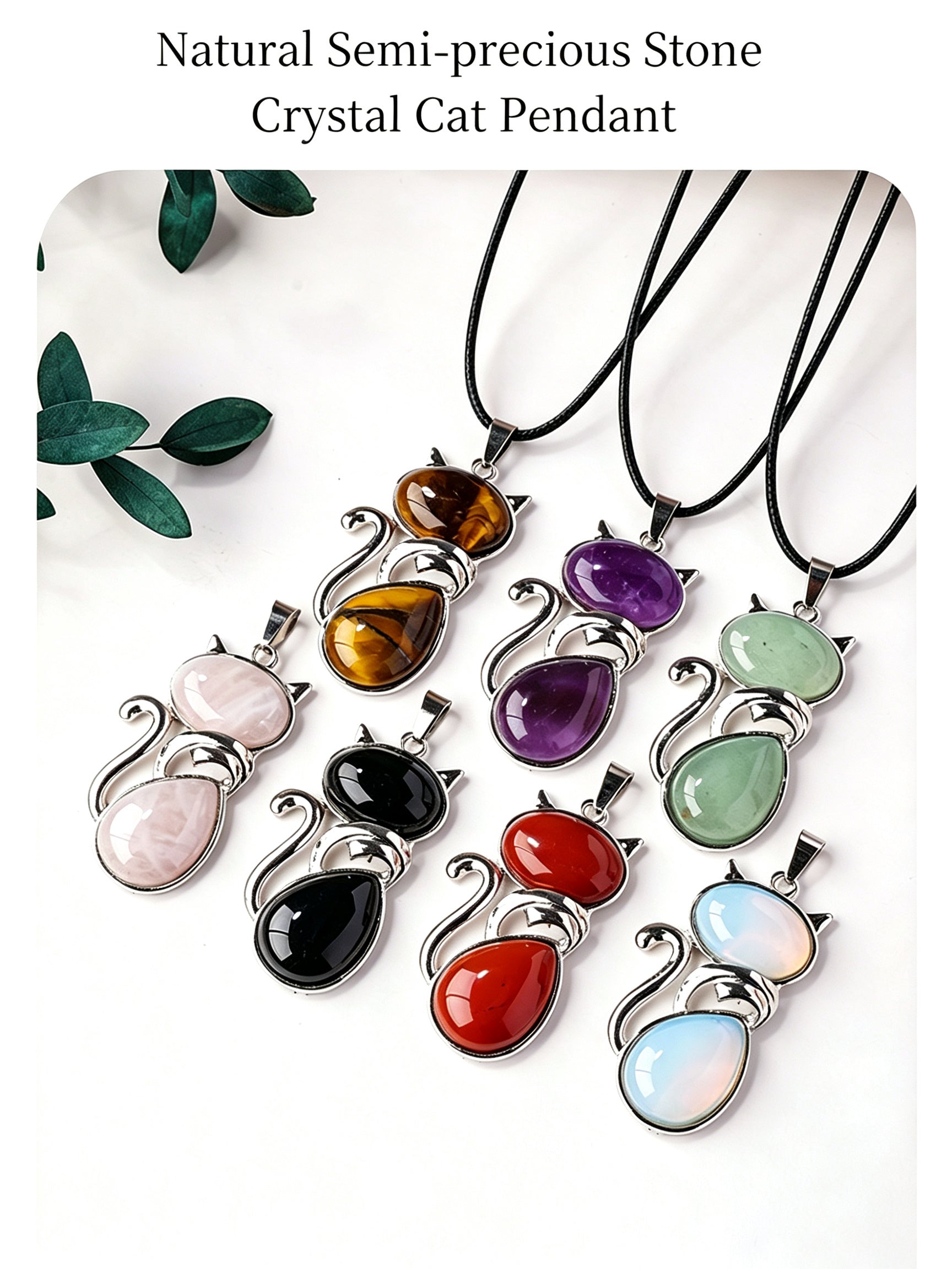 RYS Natural Crystal Gemstone Cat Pendant with Leather Cord