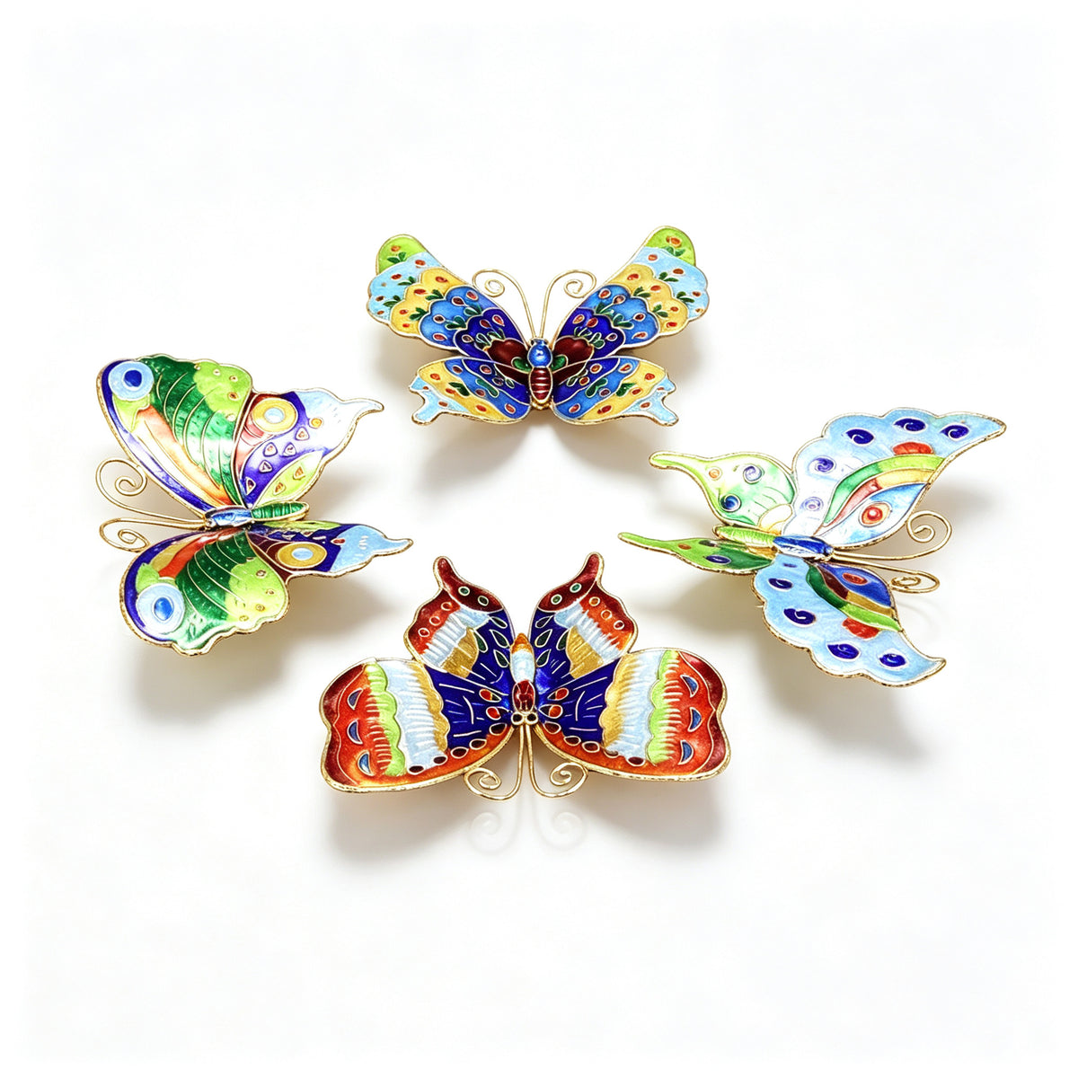 JCJ Vintage Chinese Cloisonne‑Enamel Butterfly Fridge Magnet Set of 4, Copper‑Base Hand‑Crafted Art Ornament, Collectible Cultural Business Gift