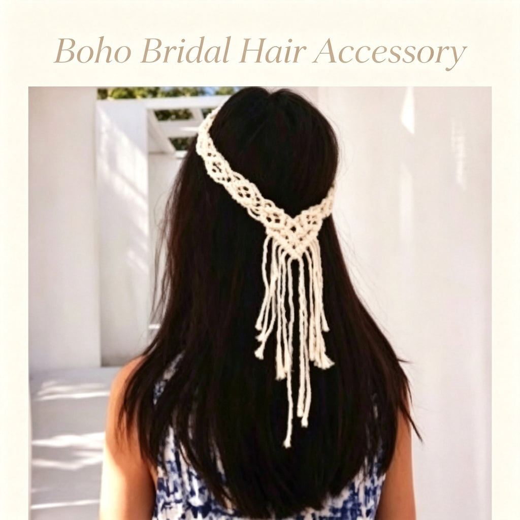 JSE Boho Bridal Headband Handwoven Cotton Crown Headpiece Wedding Hair Accessory