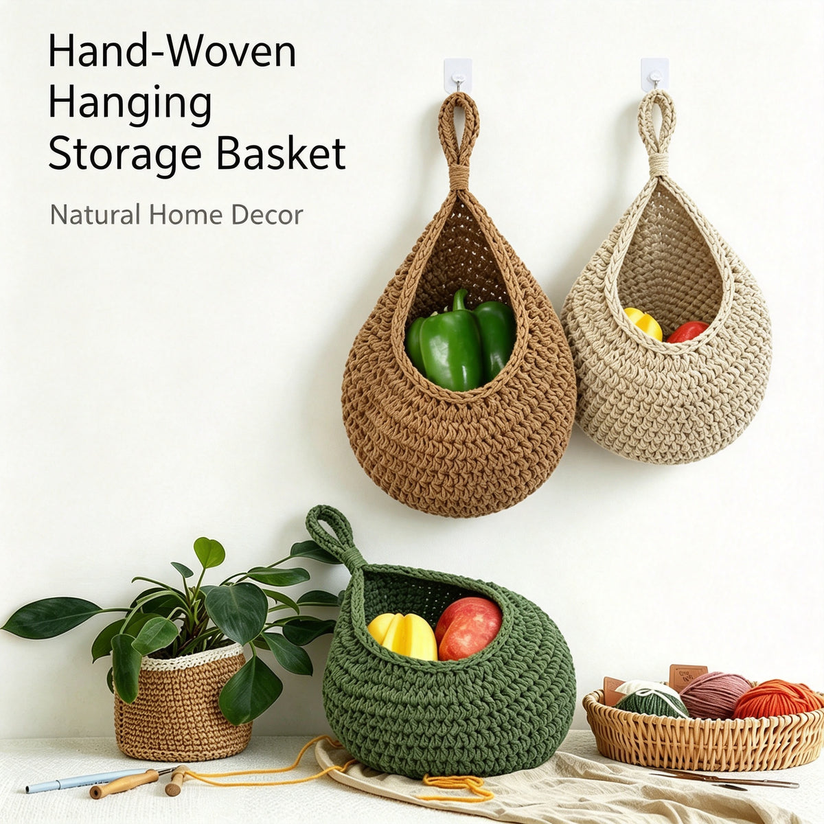 JXG Handwoven Hanging Storage Basket Teardrop Nest Fruit Vegetable Organizer Ins Style Cotton Wall Hanging Net Bag