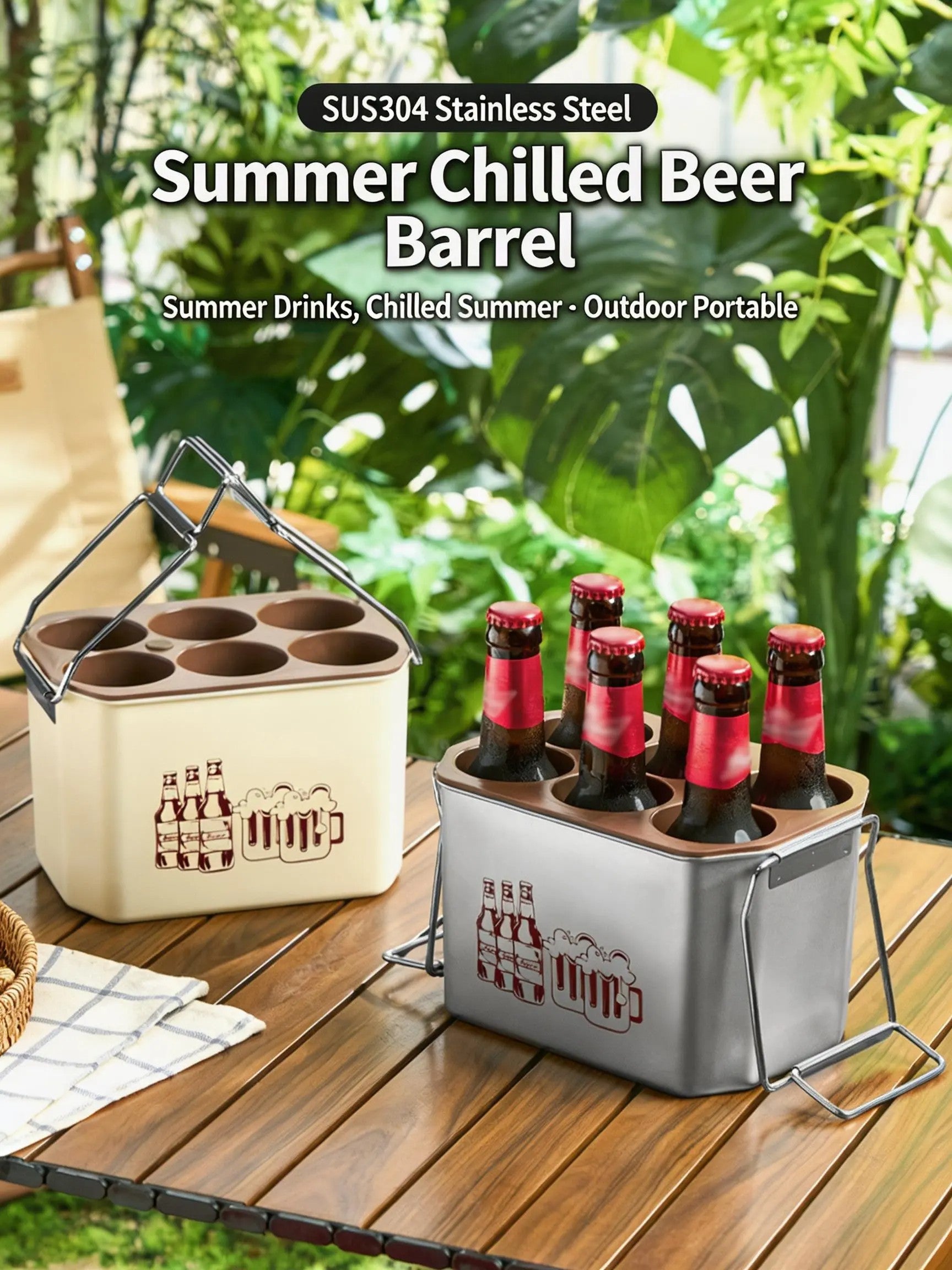 HGD 304 Stainless Steel Portable 6-Bottle Beer Keg Ice Bucket | Outdoor Insulated Beer Cooler with Handle