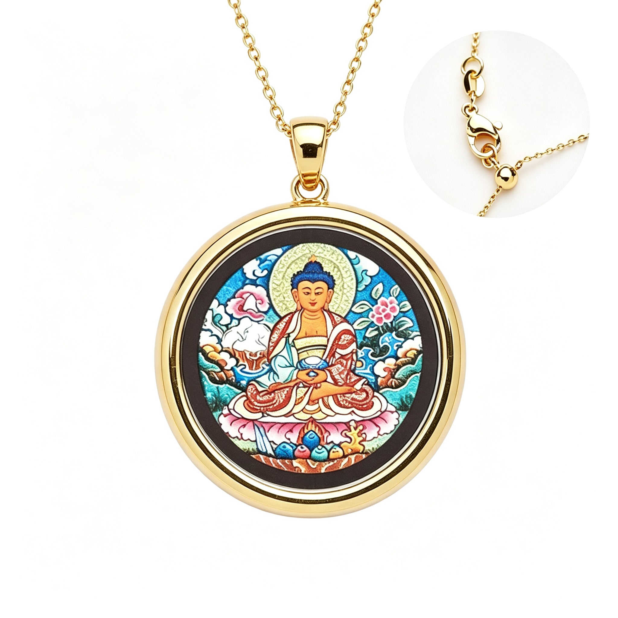 RYS Hand-Painted Thangka Buddha Pendant Necklace | 18K Gold Plated Alloy | Tibetan Patron Saint Amulet for Zodiac Signs | Spiritual Protection Jewelry